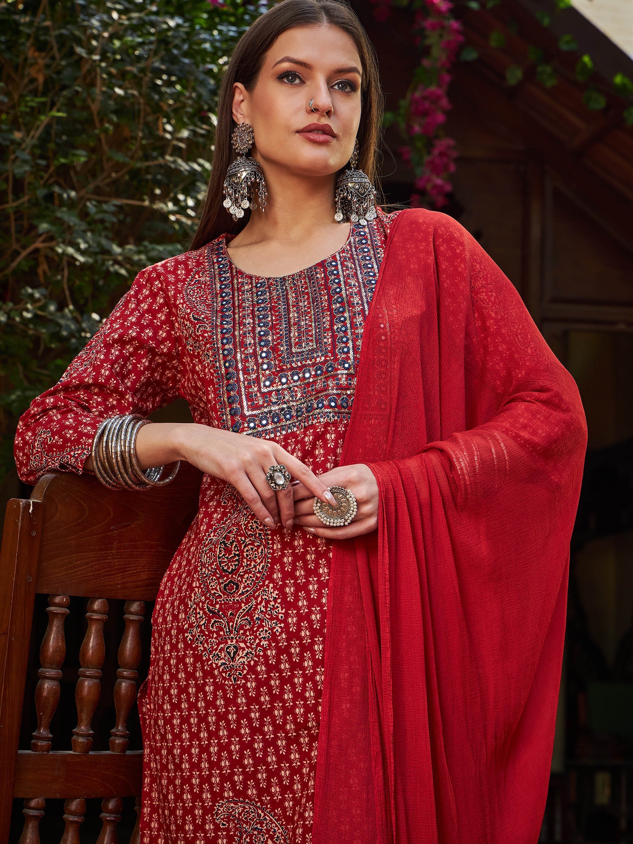 Women Maroon Floral Front Yoke Kurta With Pencil Pants & Dupatta - Image 4