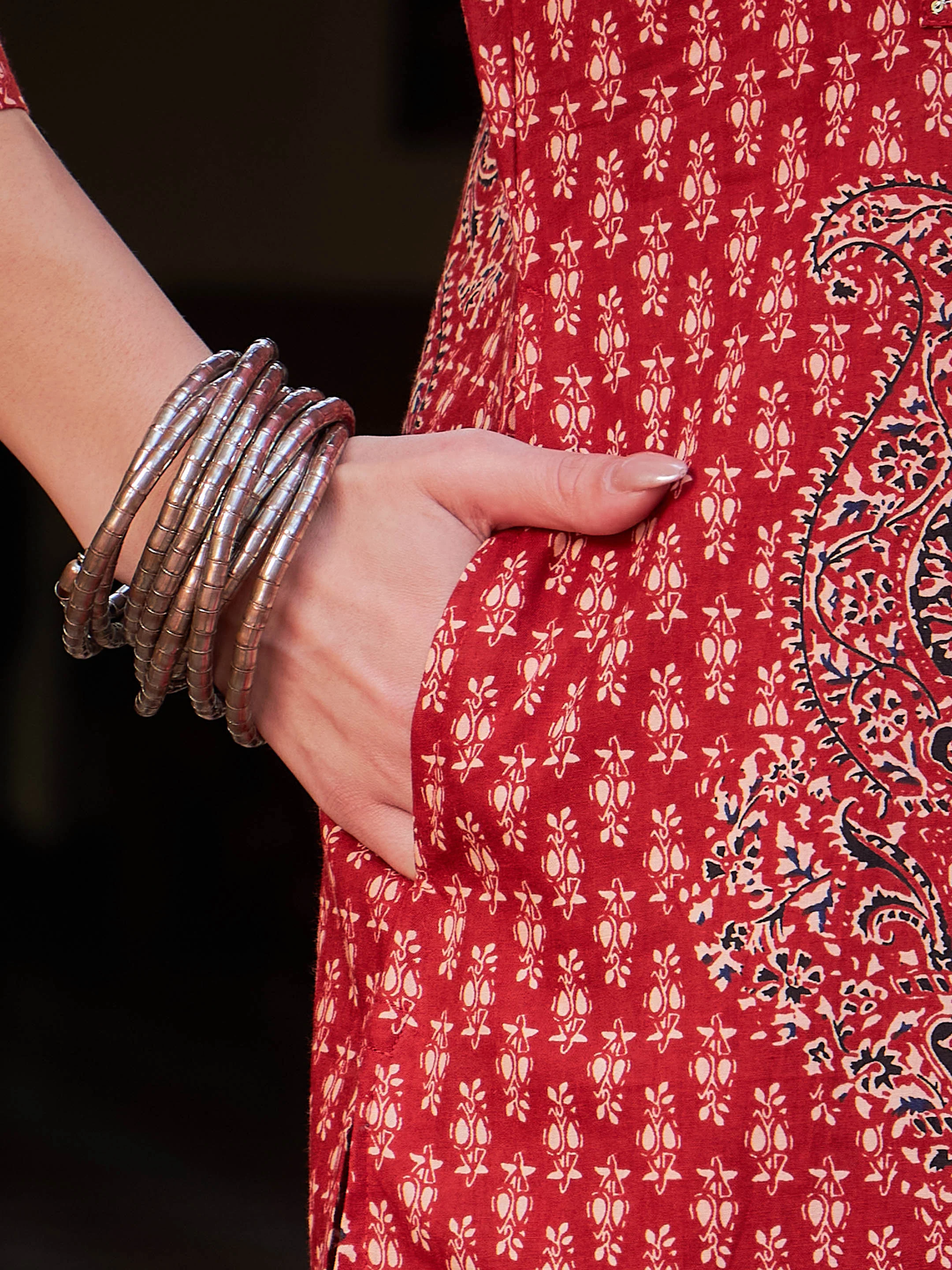 Women Maroon Floral Front Yoke Kurta With Pencil Pants & Dupatta - Image 5