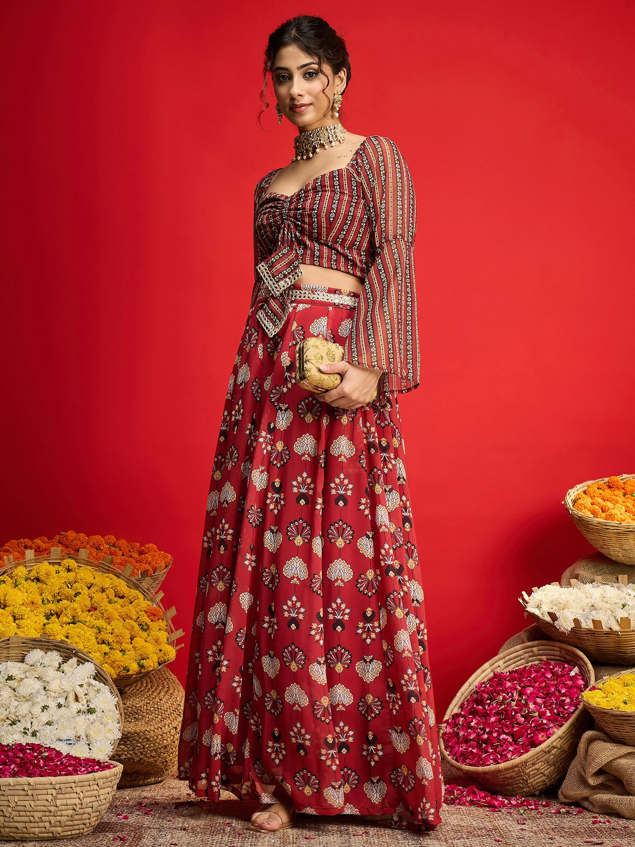 Women Maroon Floral Rouching Crop Top With Anarkali Skirt - Image 2