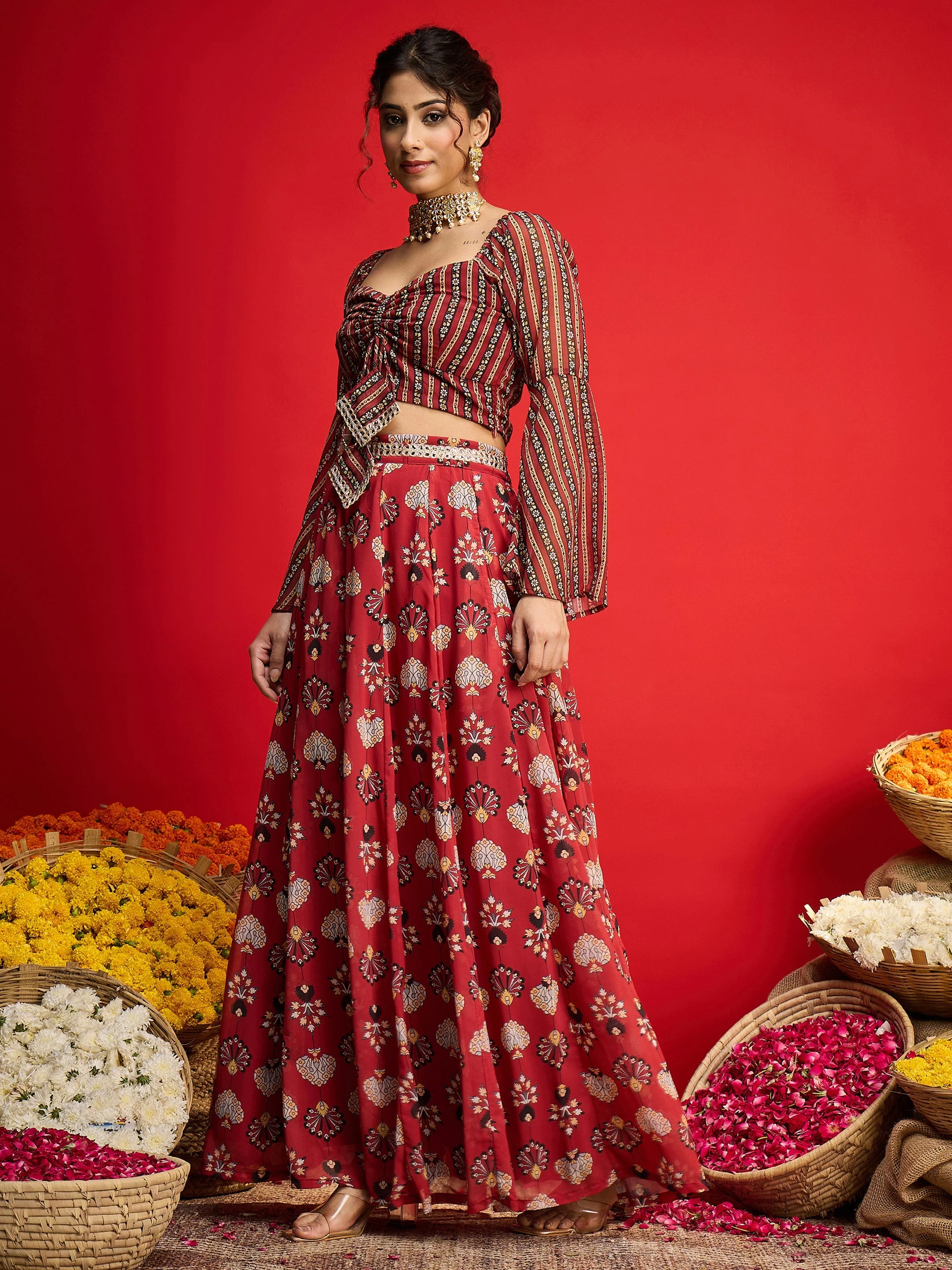 Women Maroon Floral Rouching Crop Top With Anarkali Skirt - Image 3