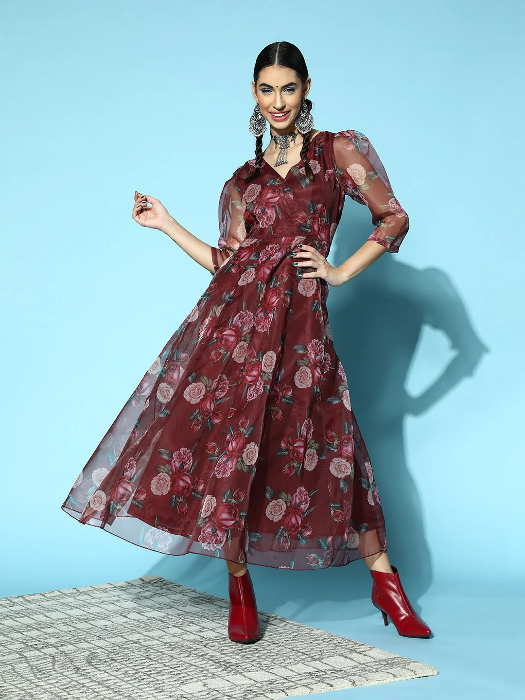 Women Maroon Floral Wrap Anarkali Maxi Dress - Image 2
