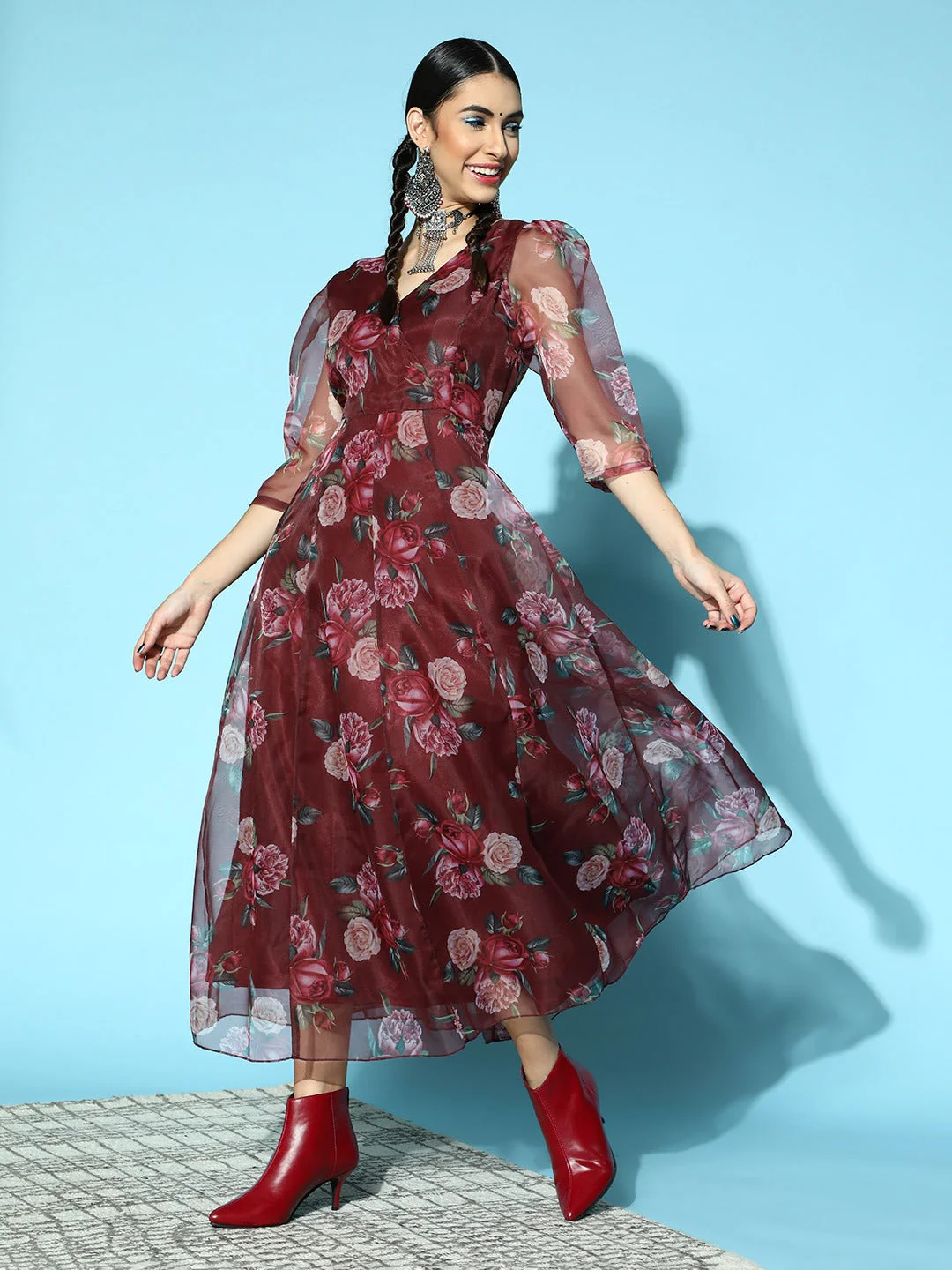 Women Maroon Floral Wrap Anarkali Maxi Dress - Image 3