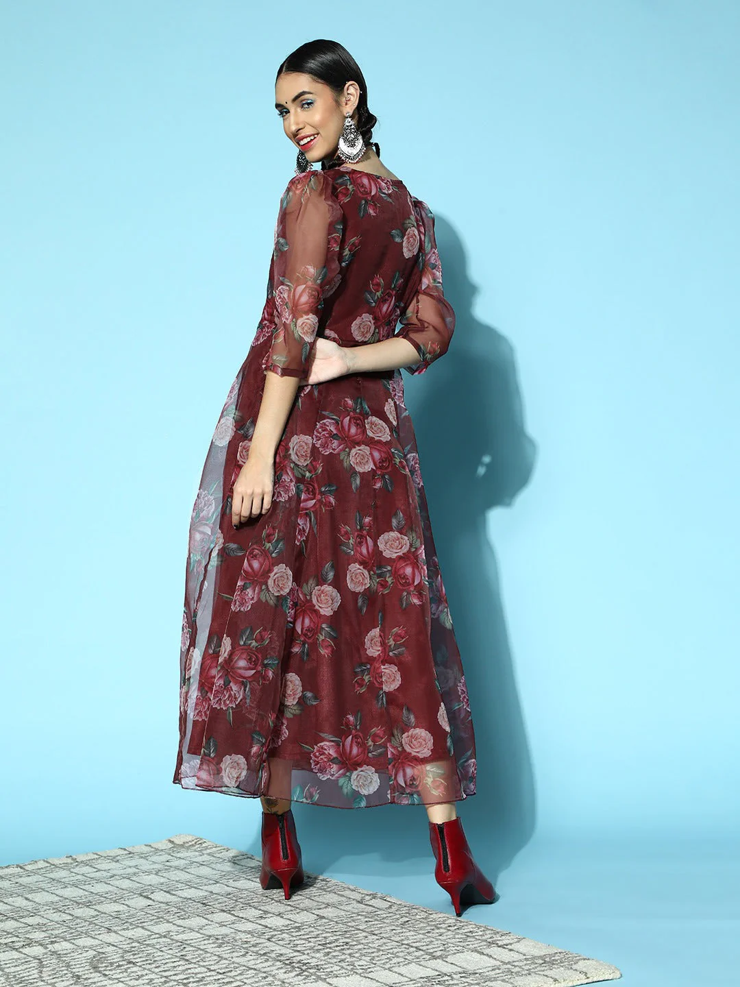 Women Maroon Floral Wrap Anarkali Maxi Dress - Image 4