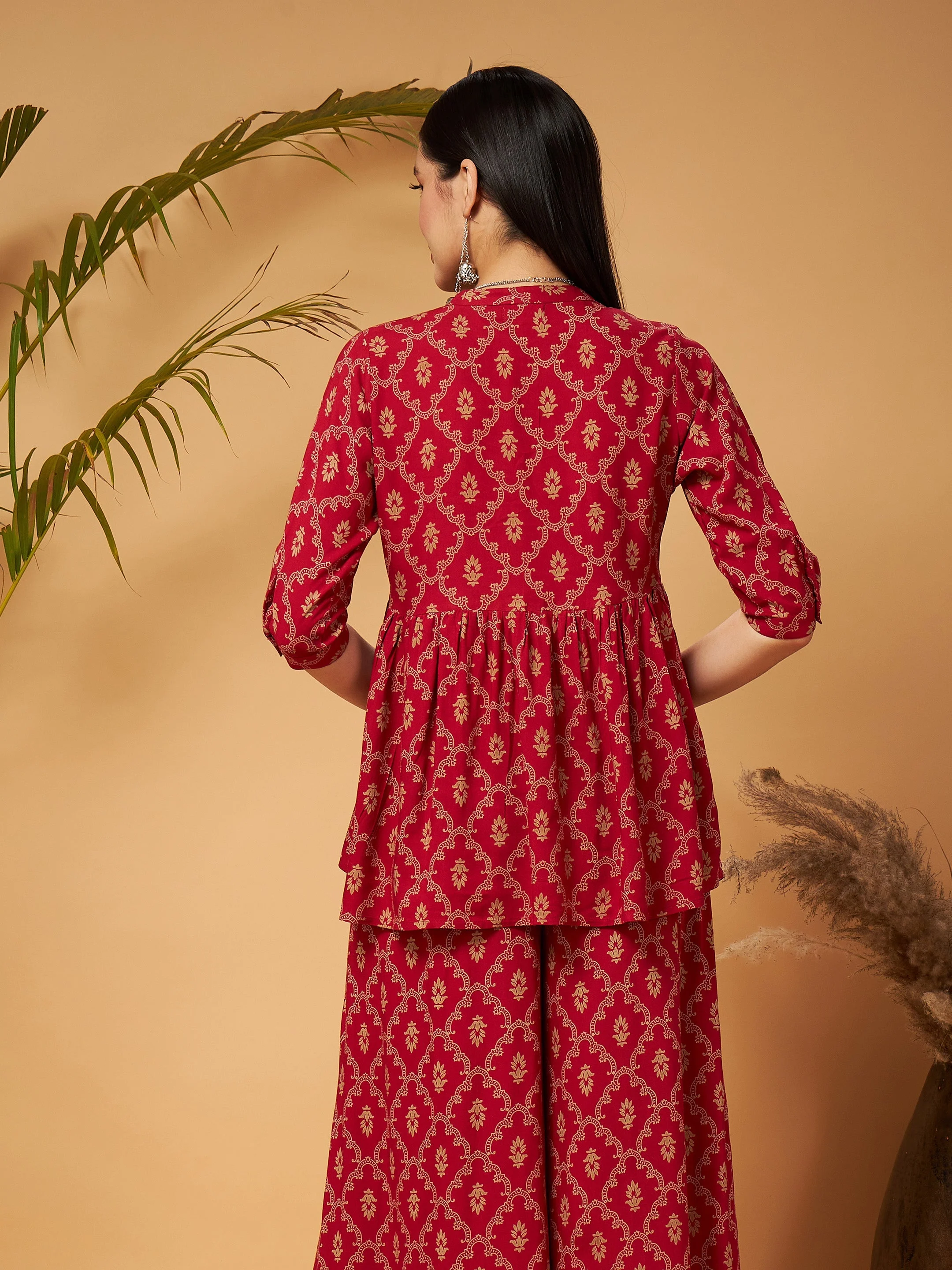 Women Maroon Front Button Gathered Top - Image 4