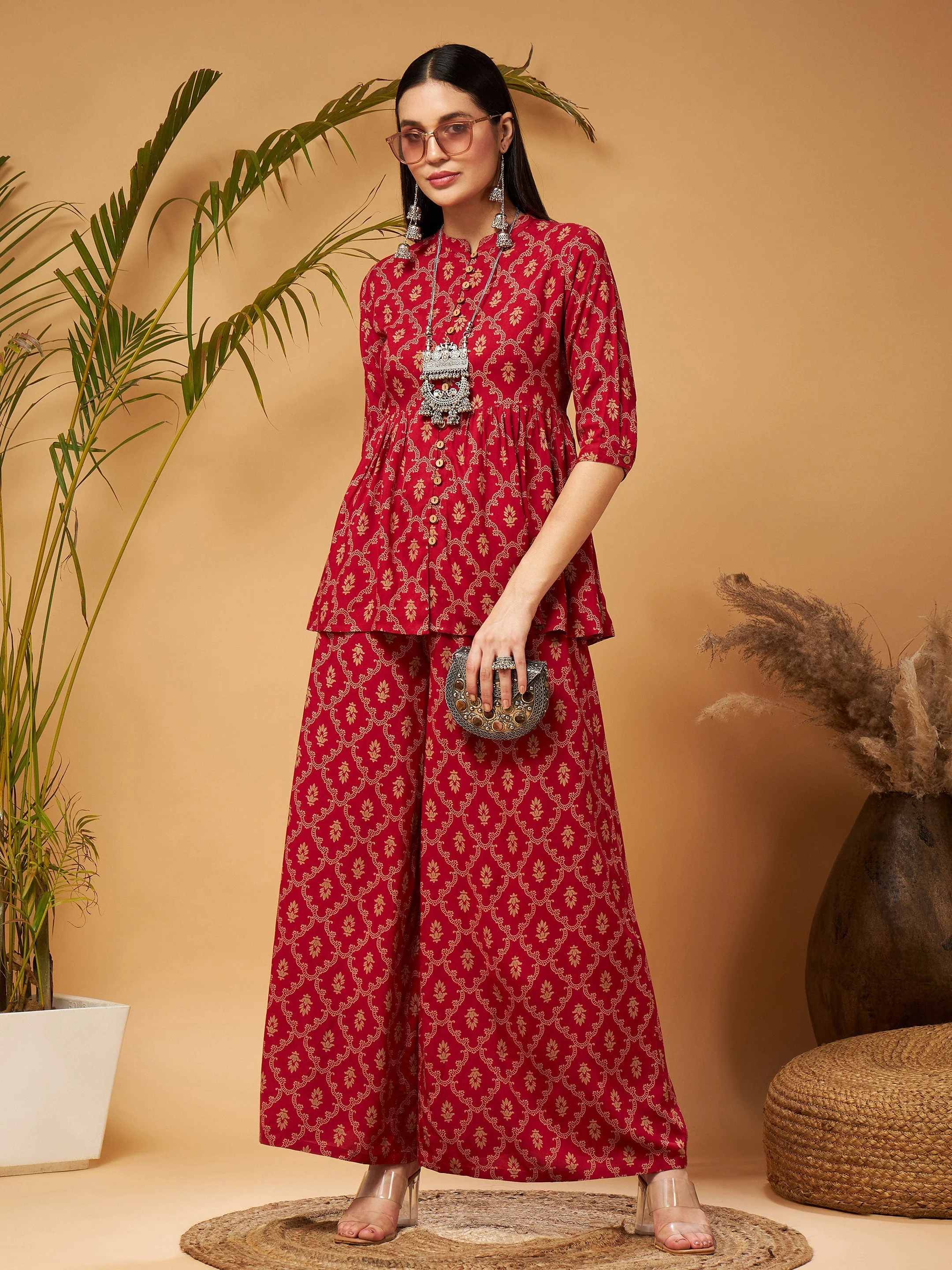 Women Maroon Front Button Gathered Top - Image 5