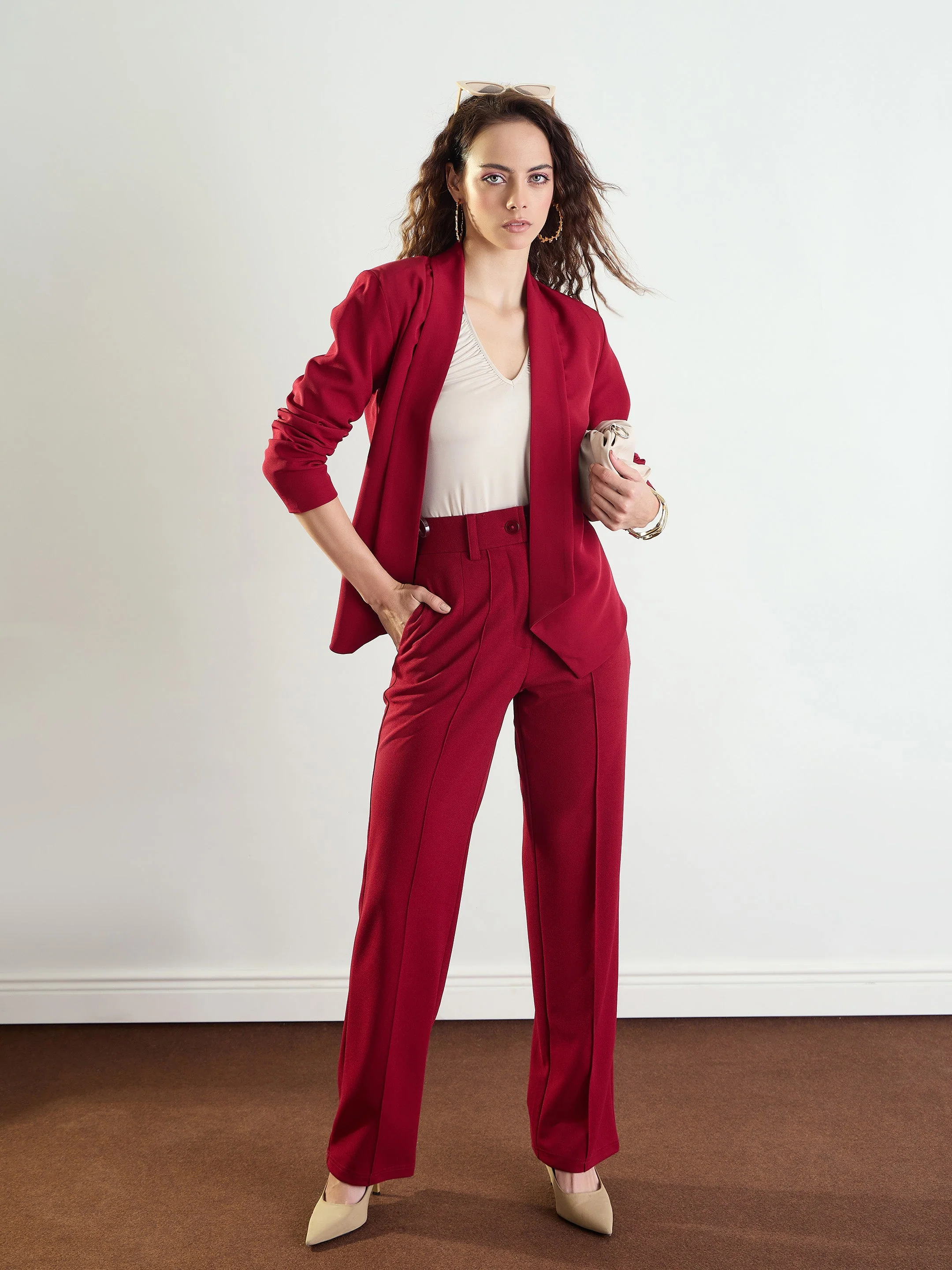 Women Maroon Front Dart Straight Fit Pants - Image 2