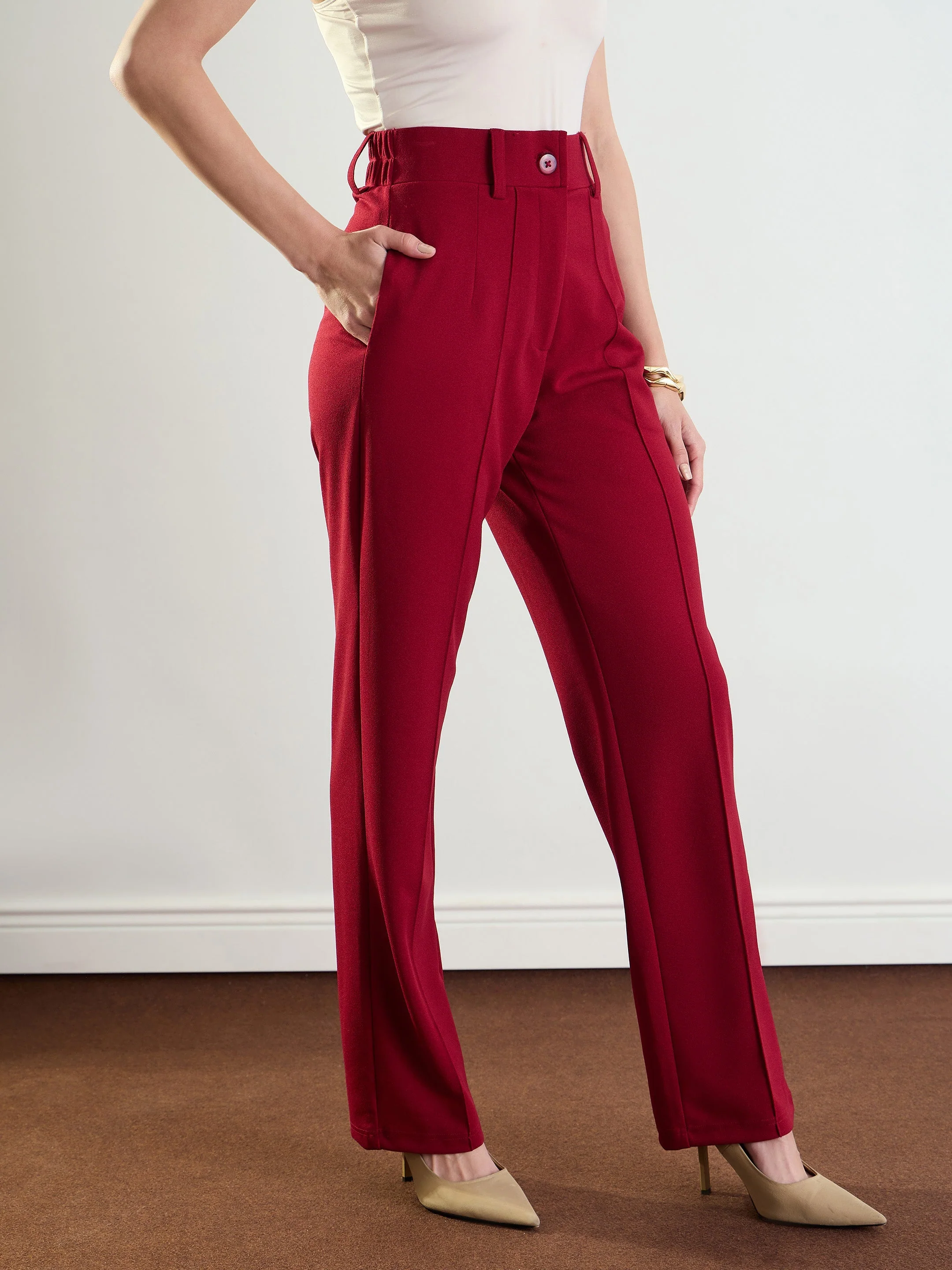 Women Maroon Front Dart Straight Fit Pants - Image 3