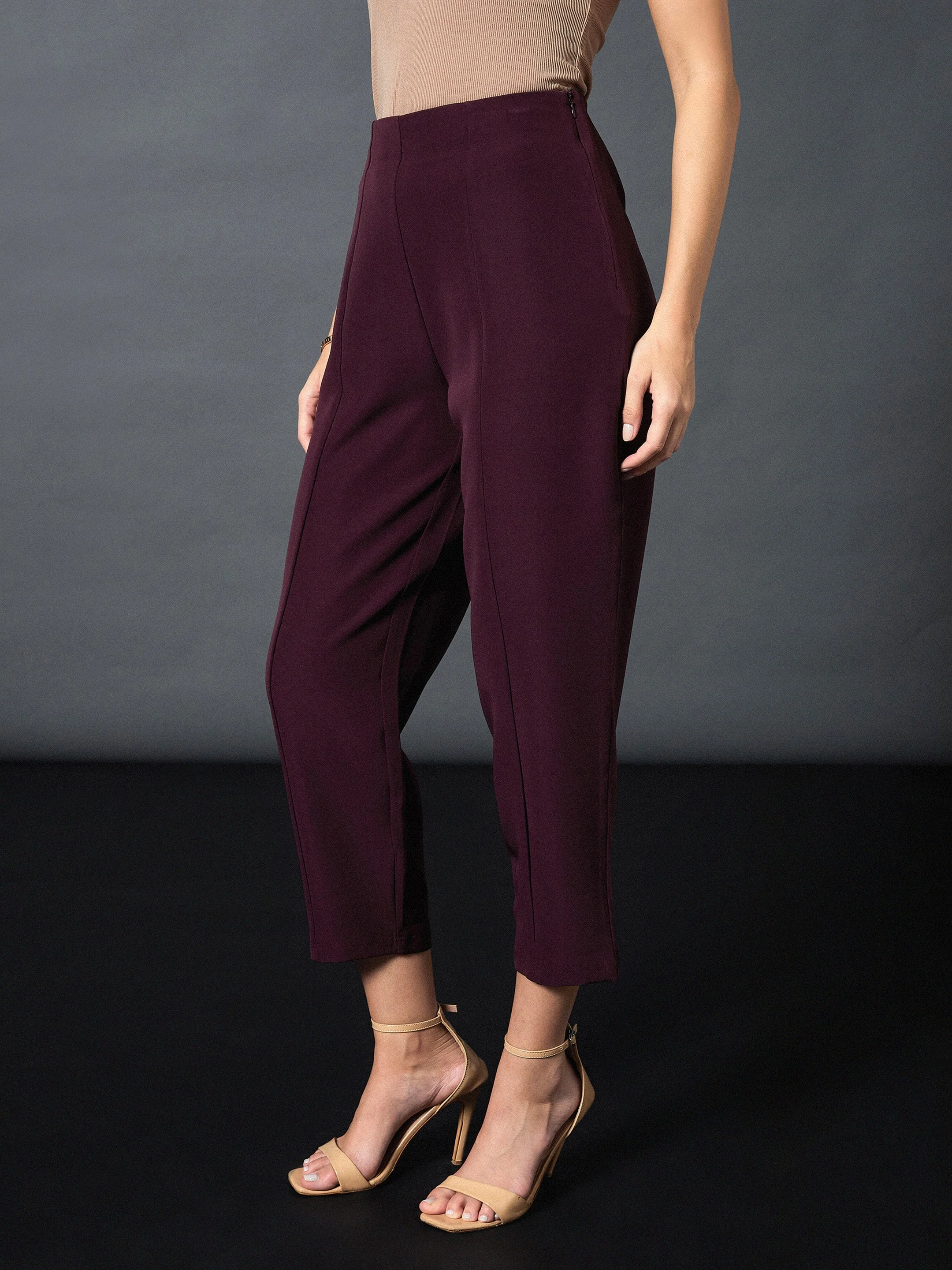 Women Maroon Front Darted Balloon Fit Pants - Image 3