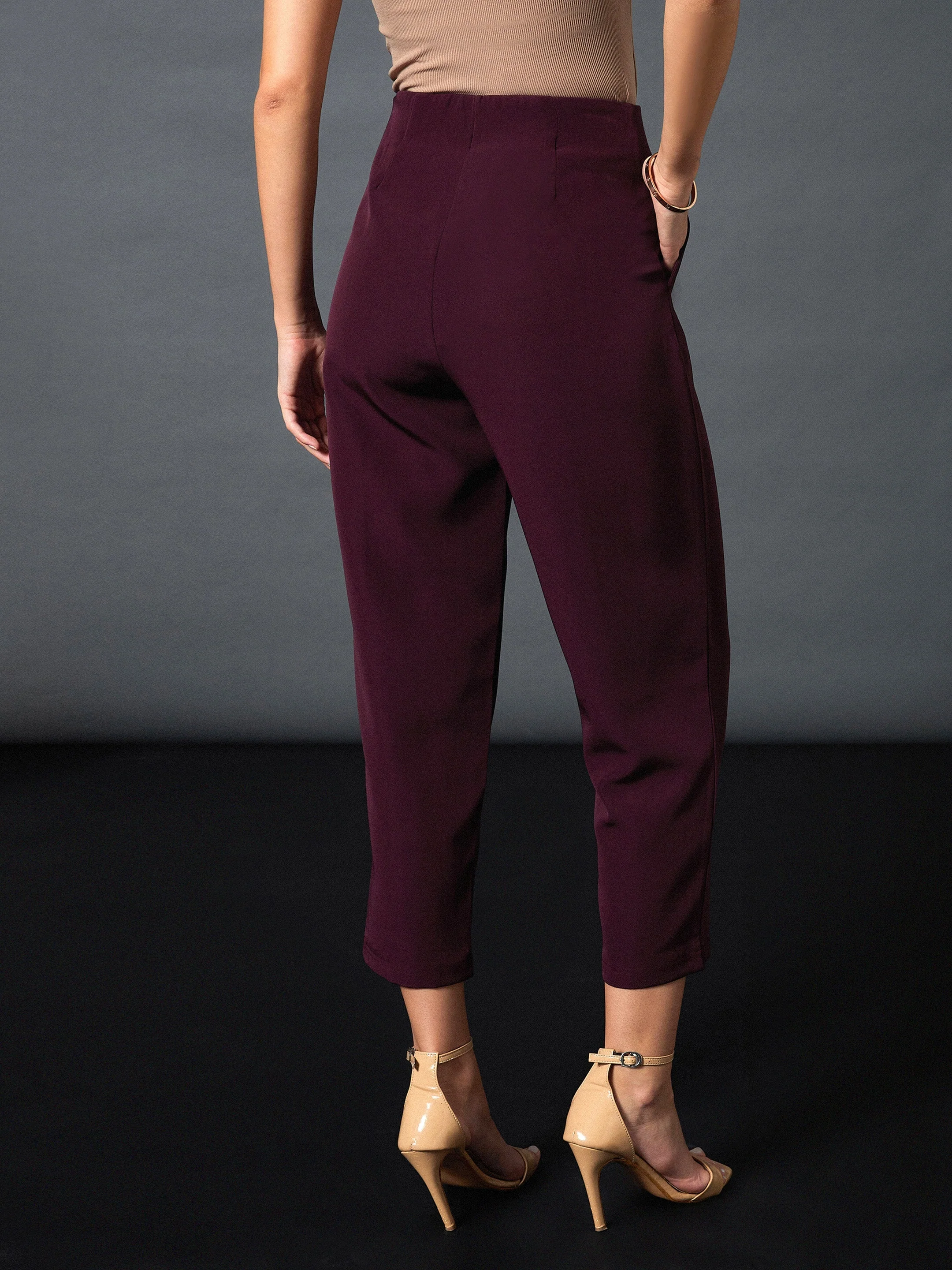 Women Maroon Front Darted Balloon Fit Pants - Image 5