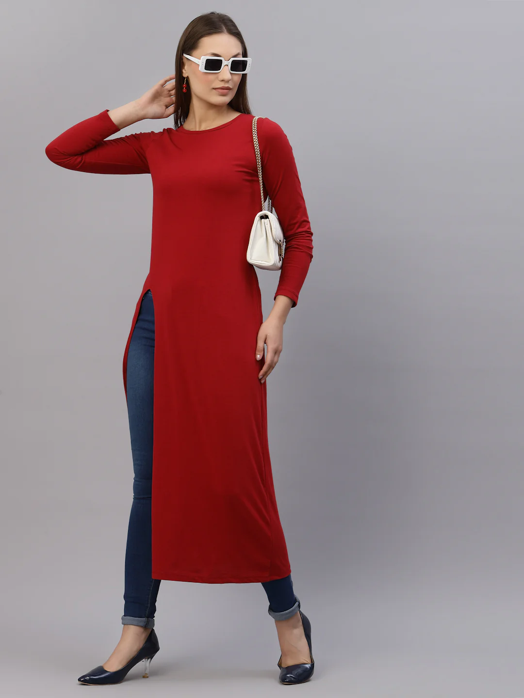 Women Maroon Front Slit Maxi Top - Image 2