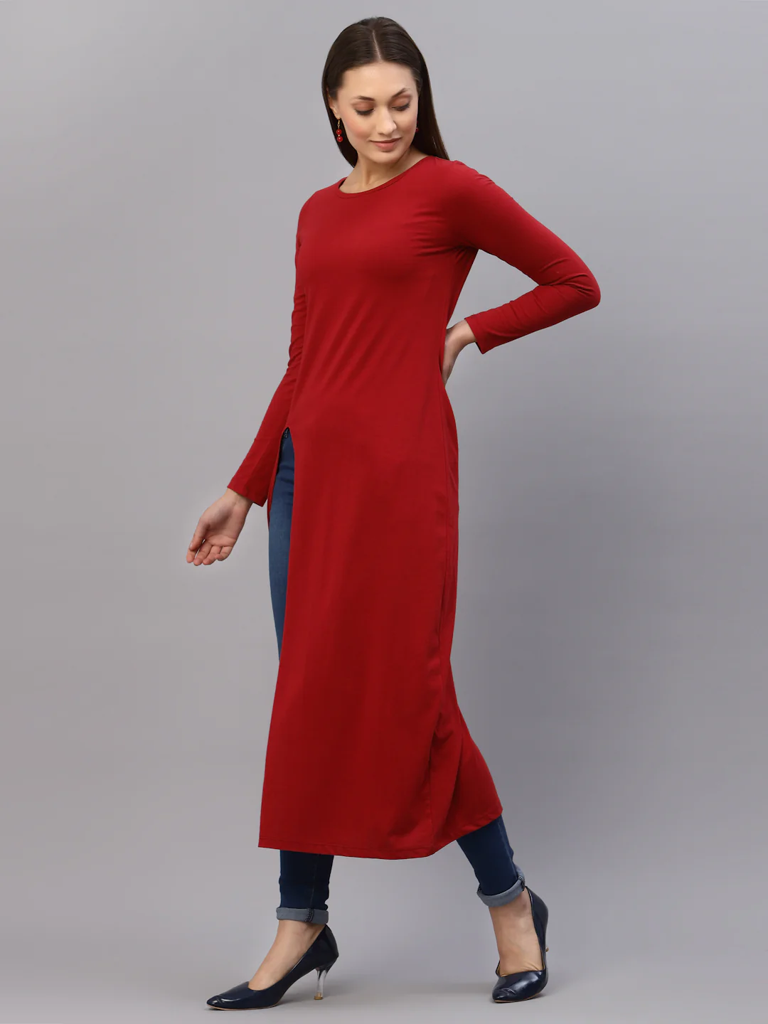 Women Maroon Front Slit Maxi Top - Image 3