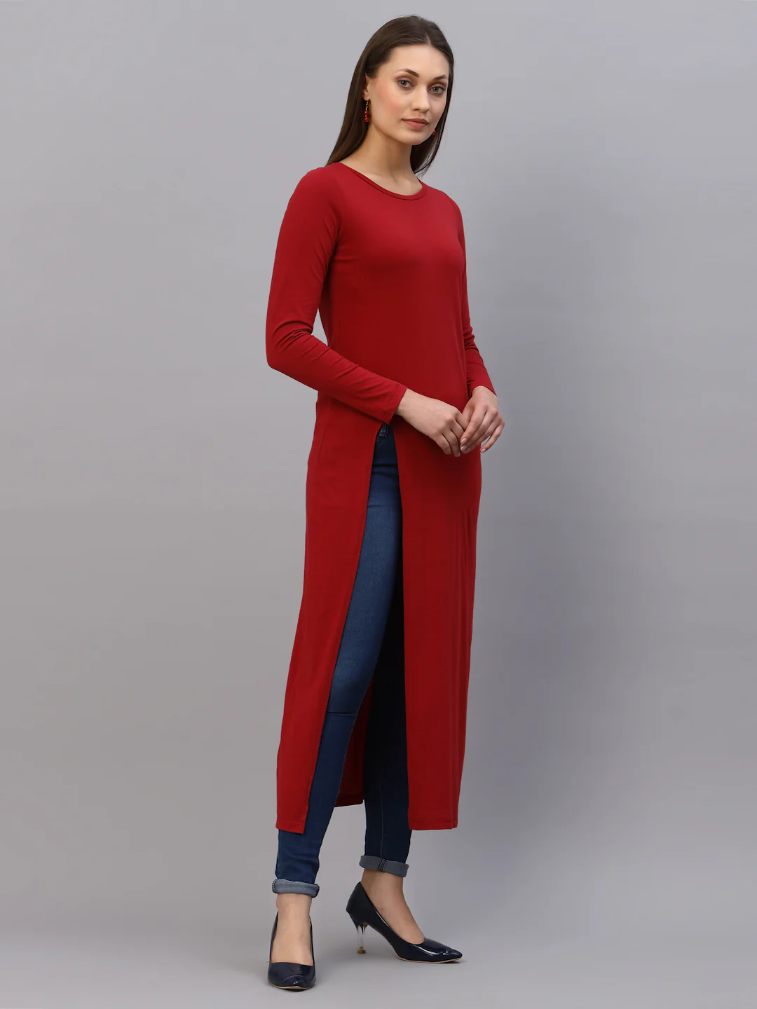 Women Maroon Front Slit Maxi Top - Image 4