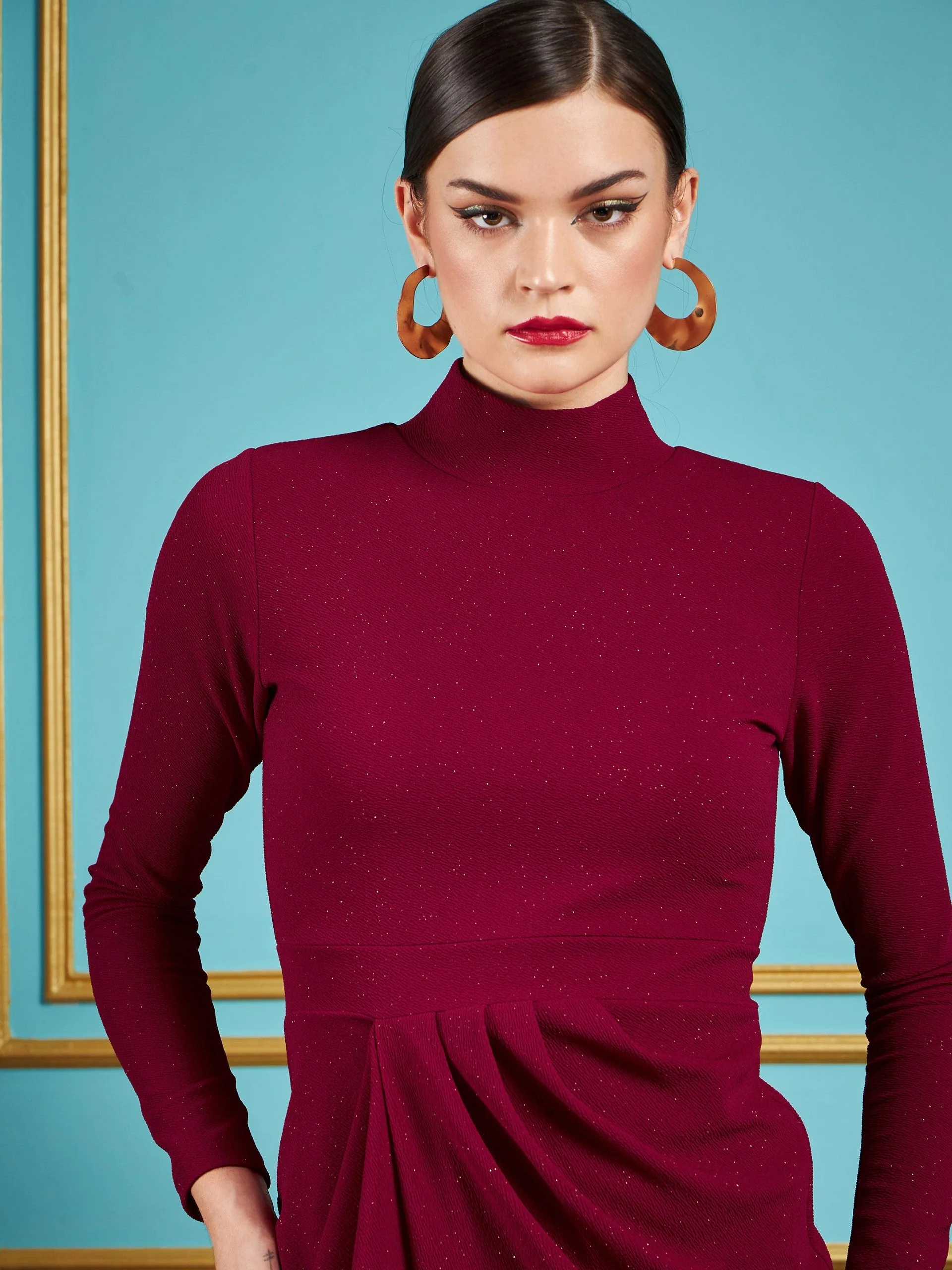 Women Maroon Gliiter High Neck Bodycon Dress - Image 4