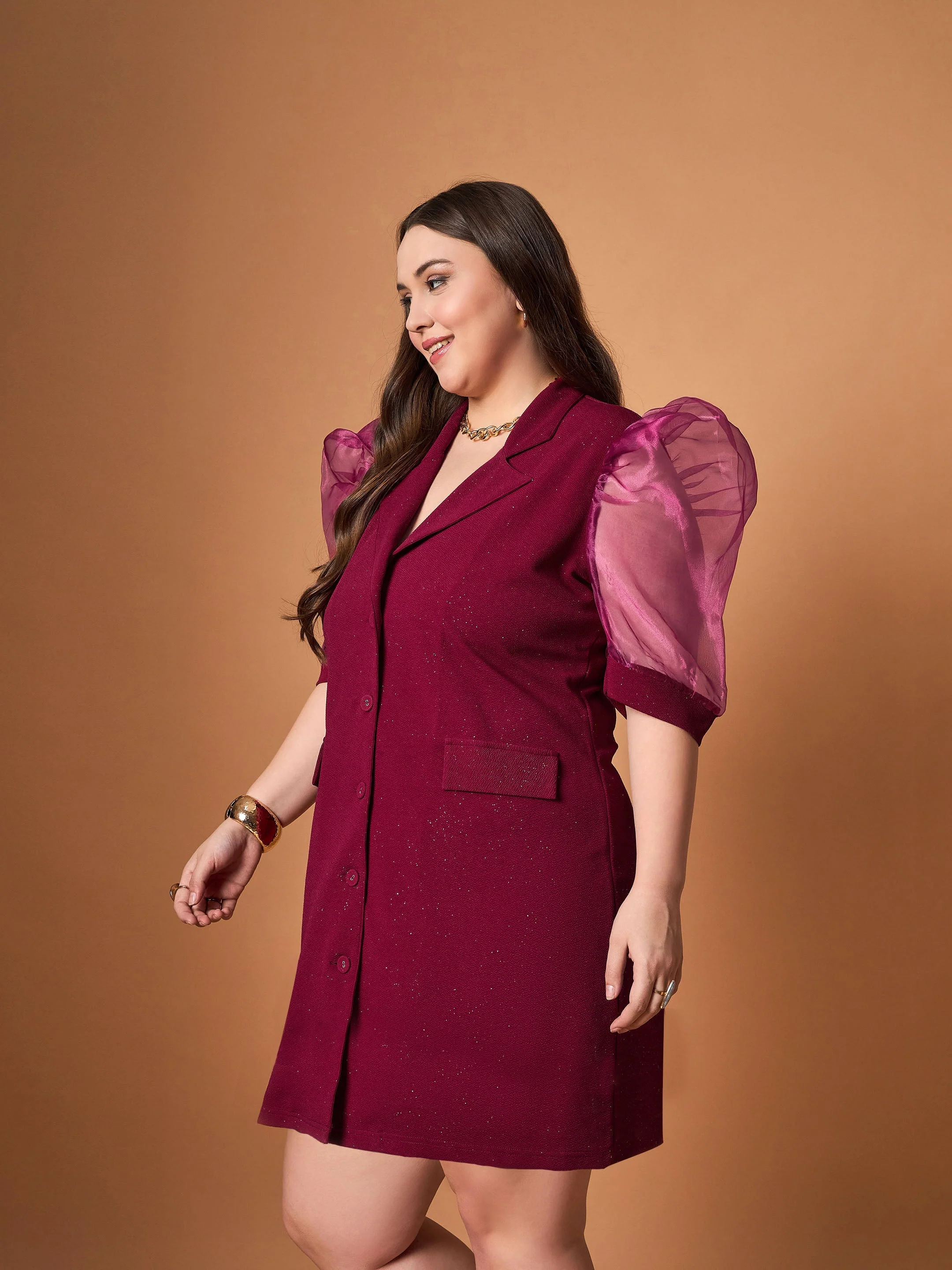 Women Maroon Glitter Organza Sleeves Blazer Dress - Image 3