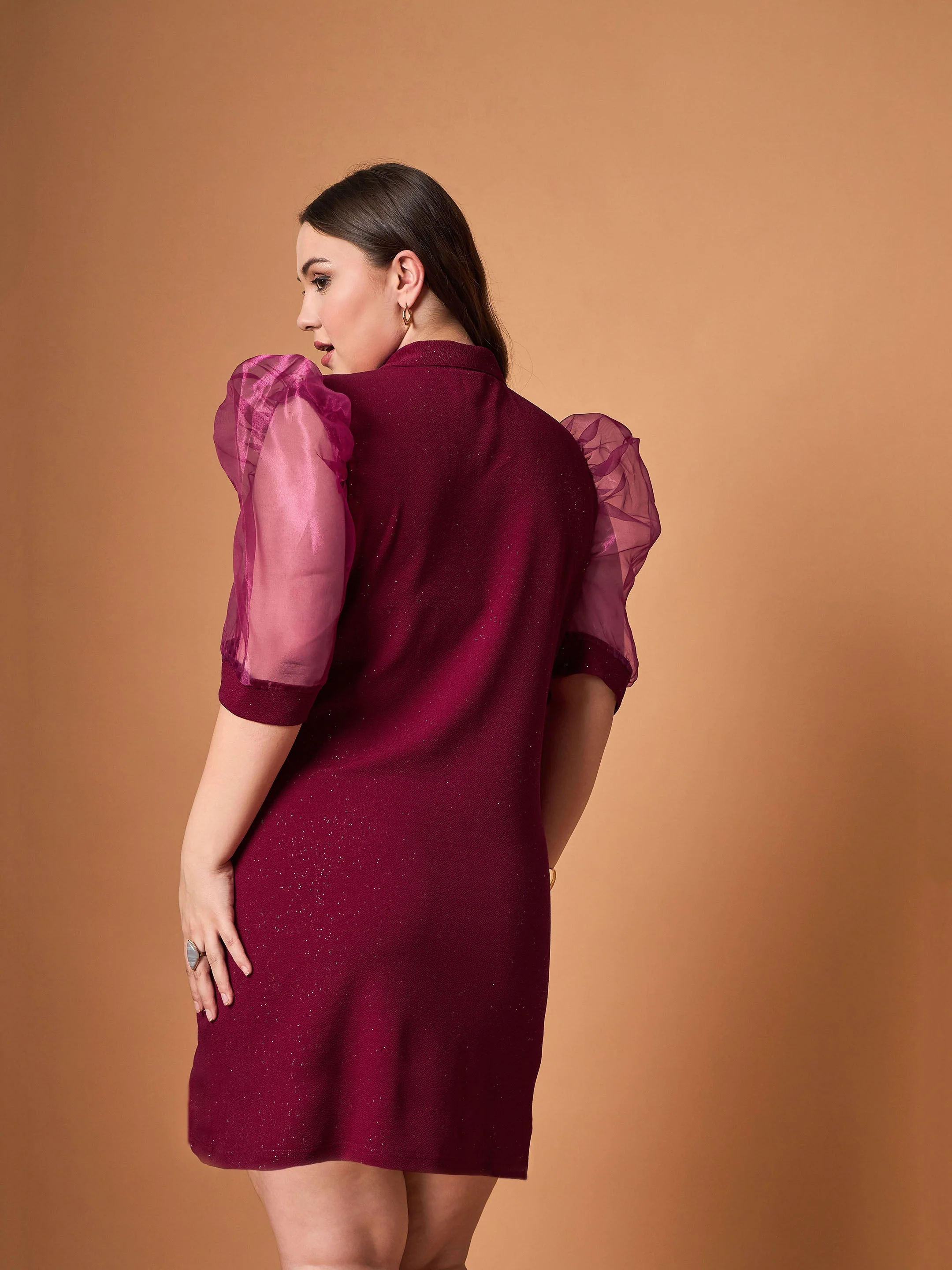 Women Maroon Glitter Organza Sleeves Blazer Dress - Image 5