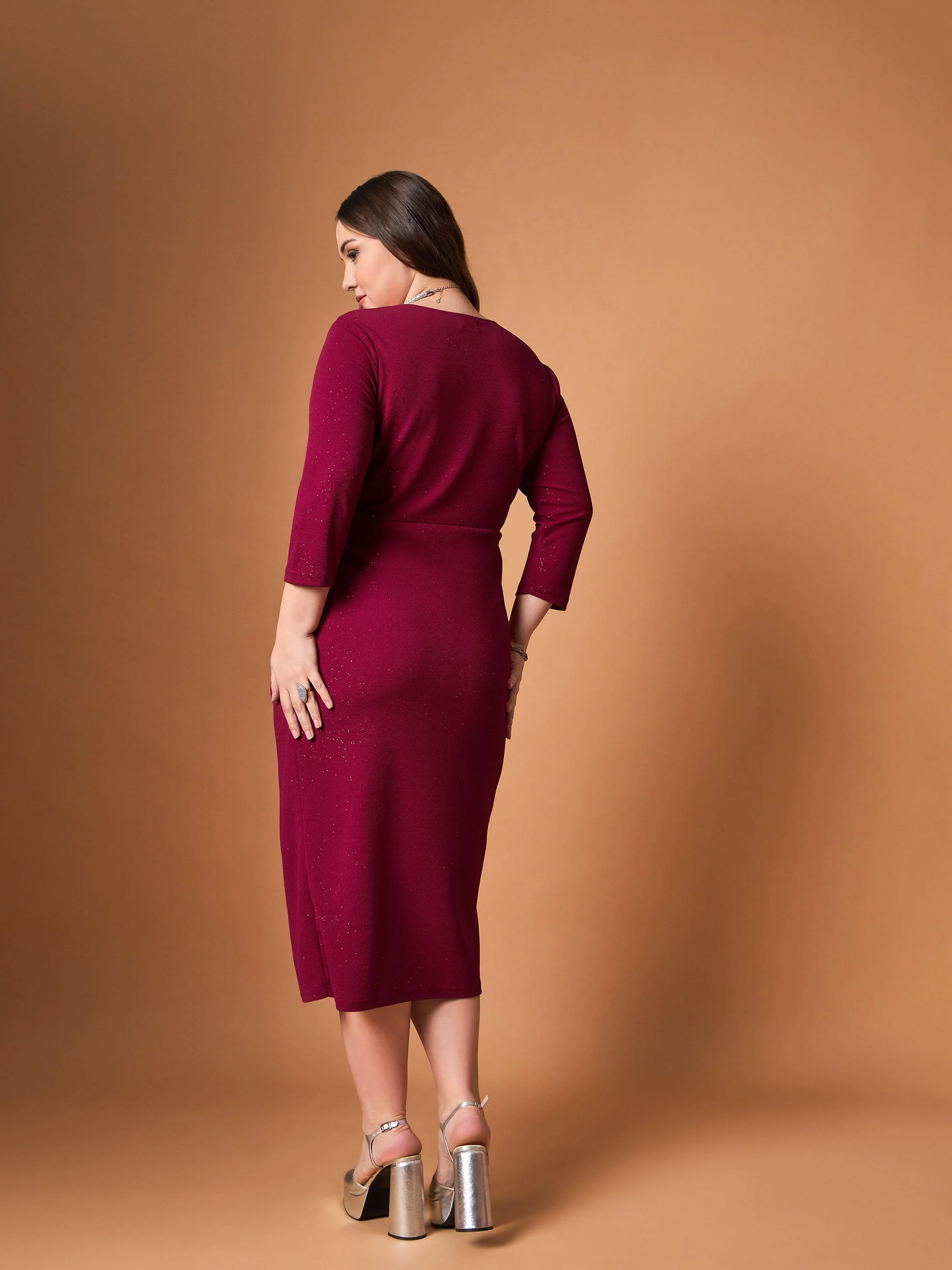 Women Maroon Glitter Side Knot Midi Dress - Image 5