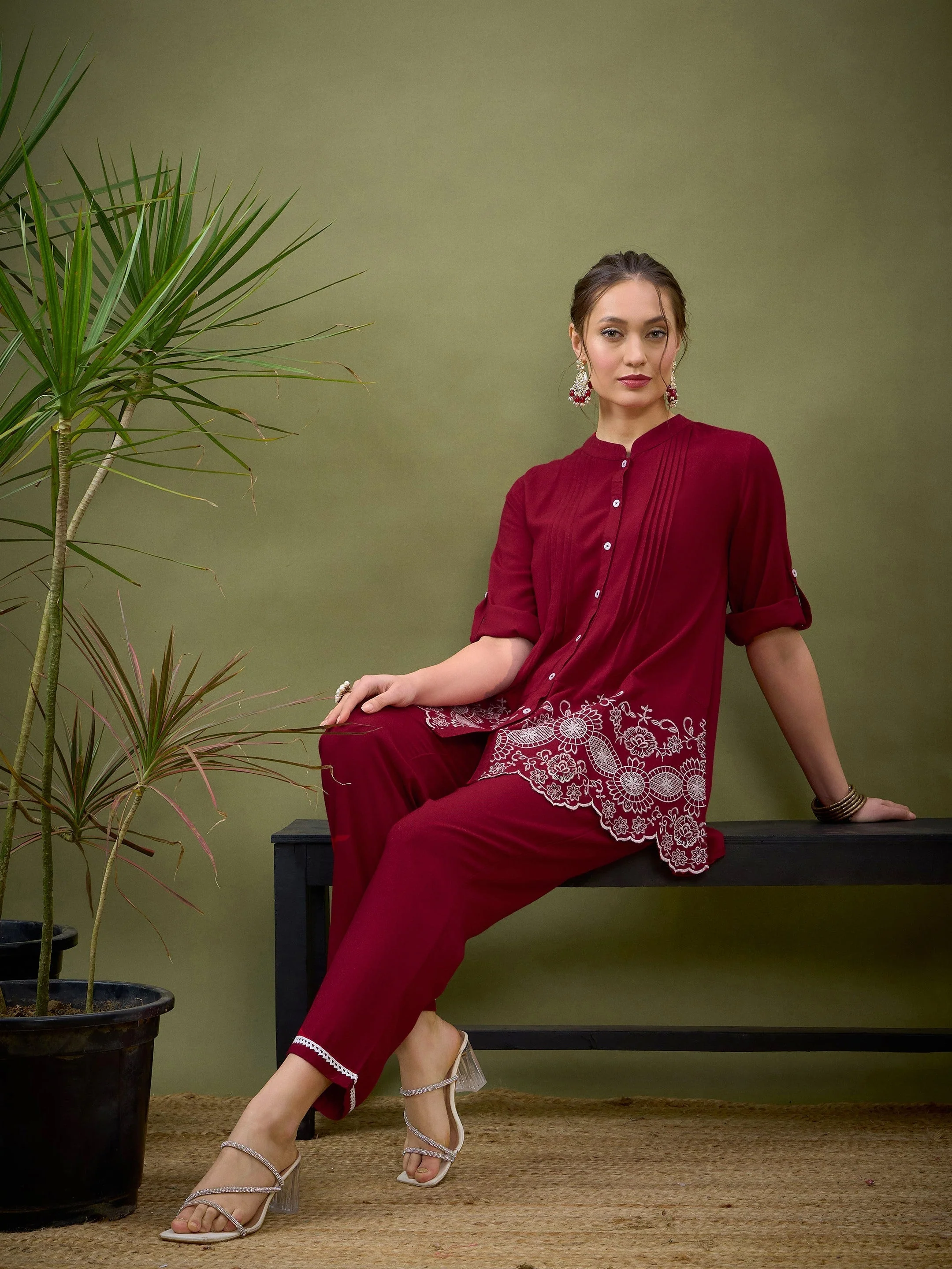 Women Maroon Hem Embroidered Shirt With Palazzos - Image 2