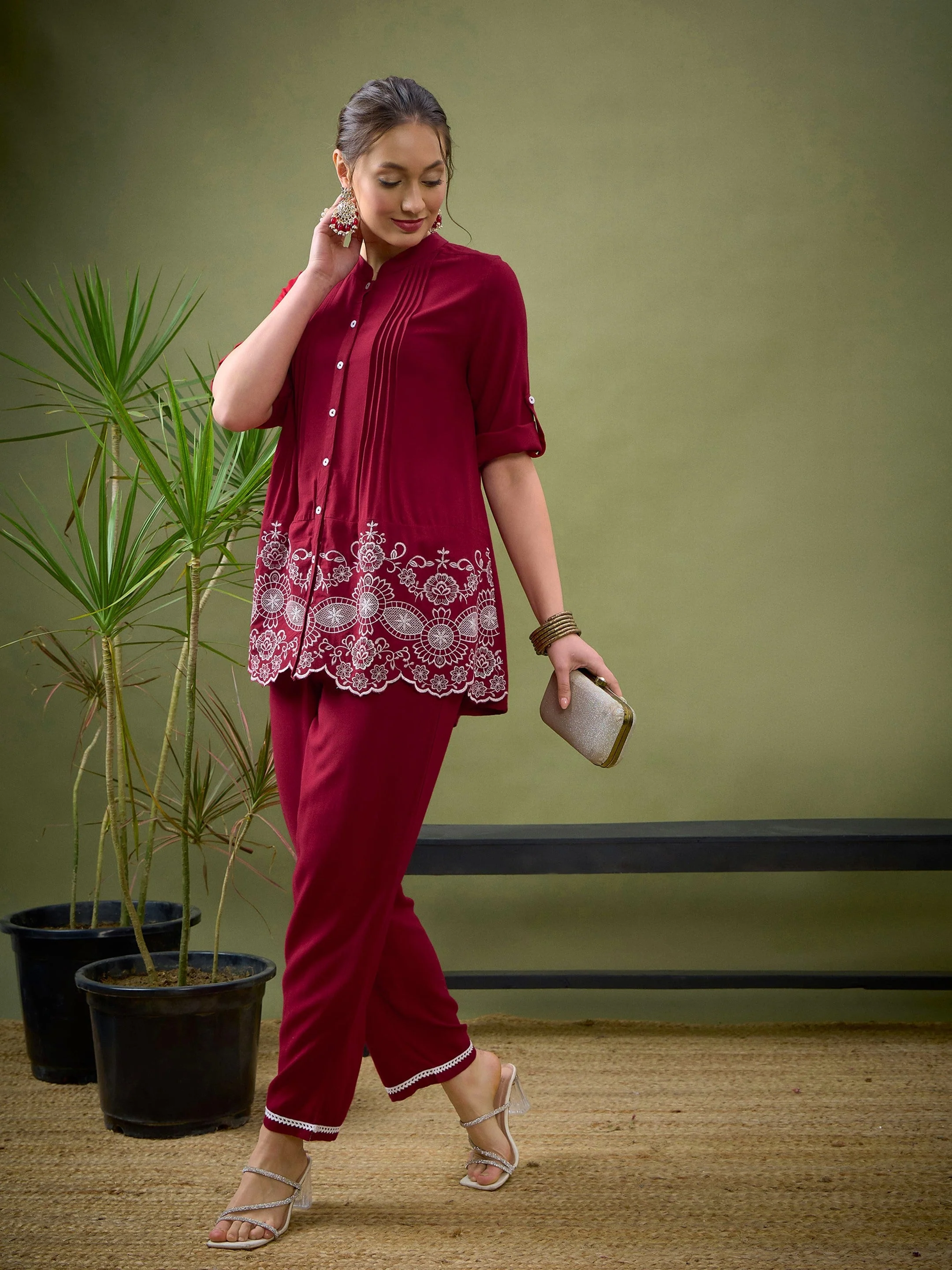 Women Maroon Hem Embroidered Shirt With Palazzos - Image 3
