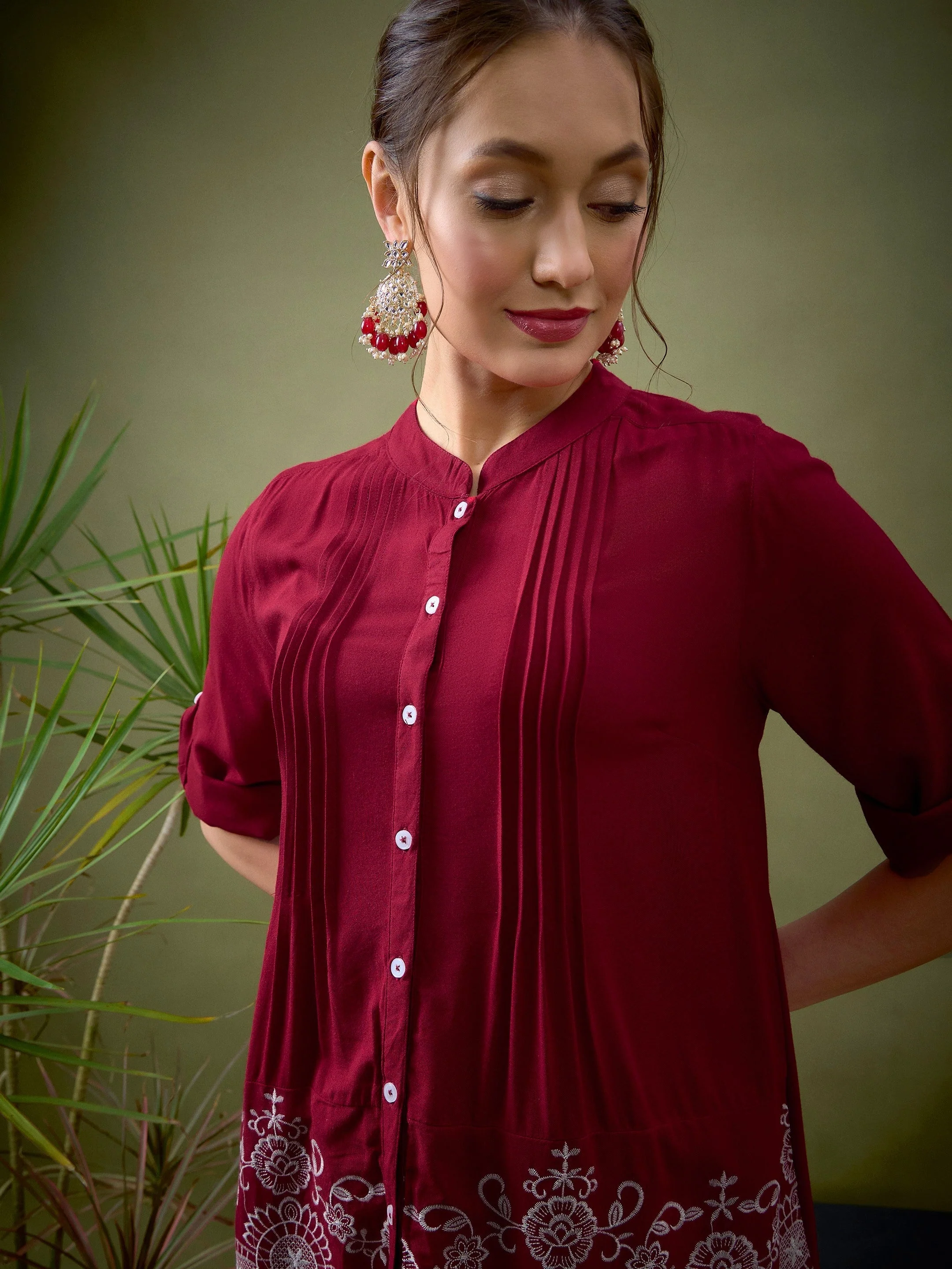 Women Maroon Hem Embroidered Shirt With Palazzos - Image 4
