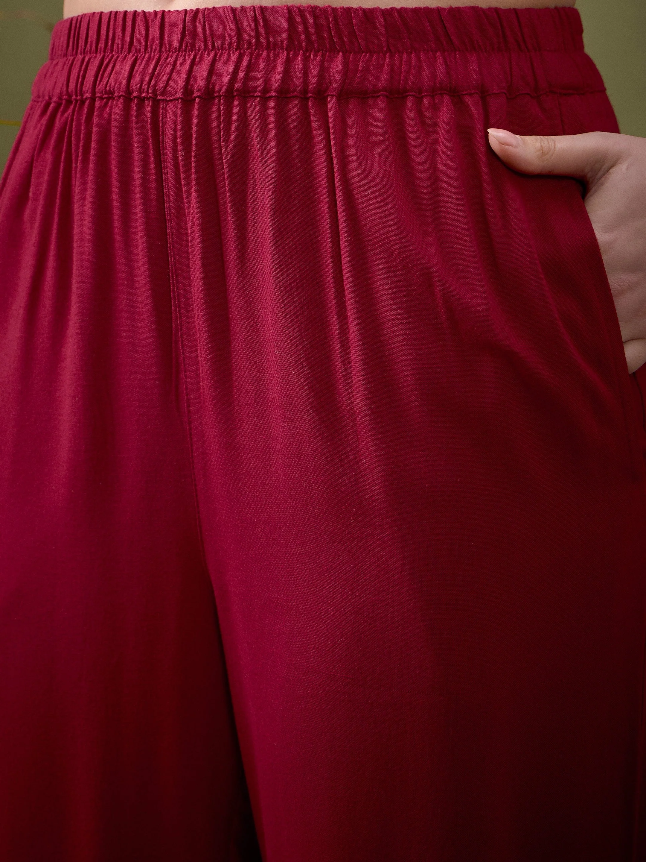 Women Maroon Hem Embroidered Shirt With Palazzos - Image 5