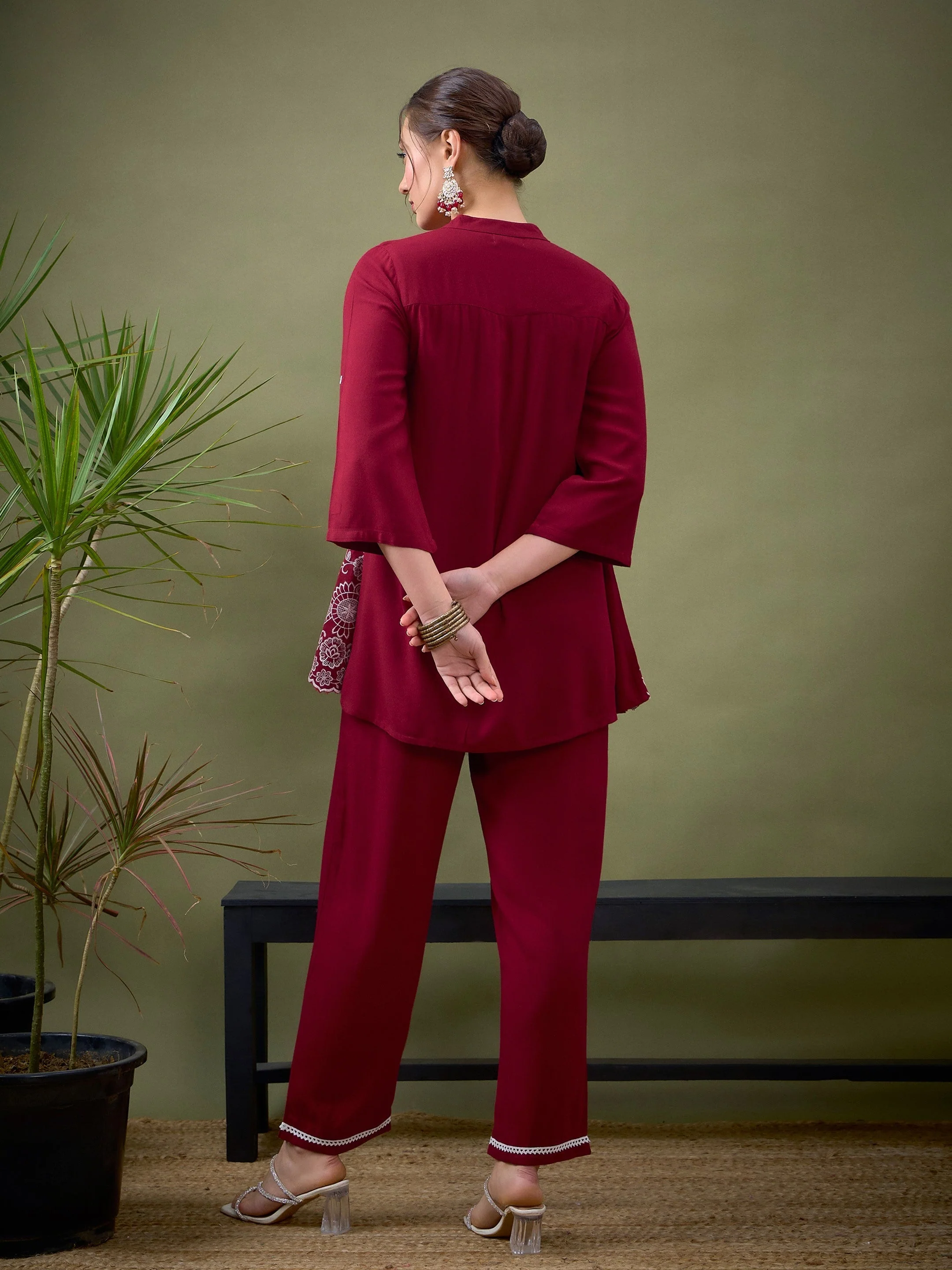 Women Maroon Hem Embroidered Shirt With Palazzos - Image 6