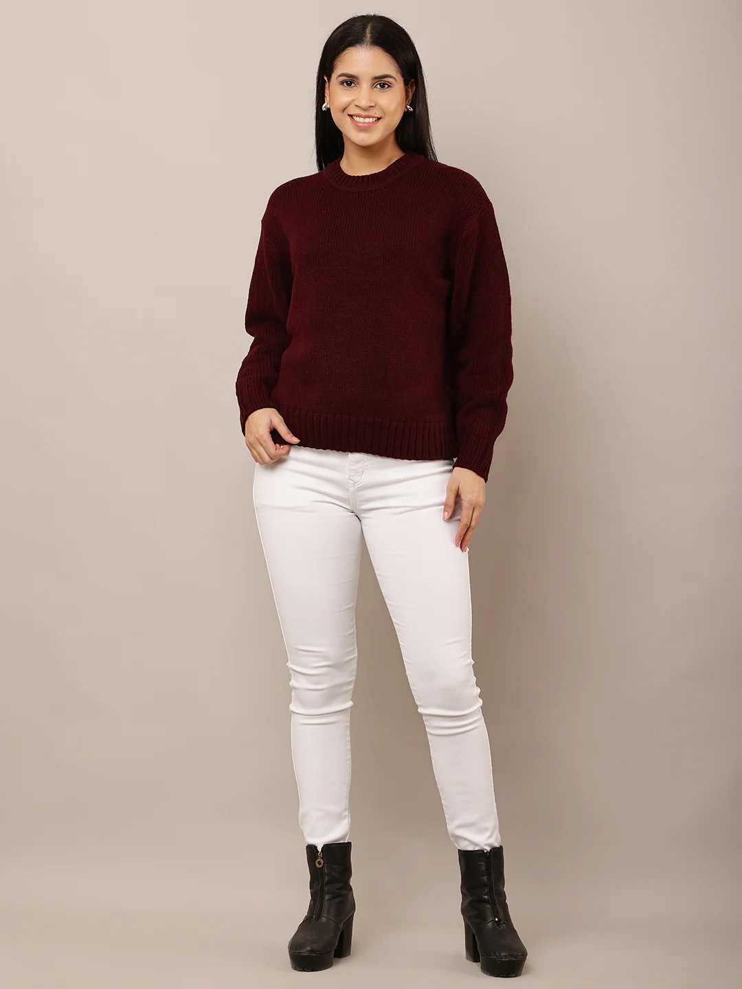 Women Maroon Loose Round Neck Sweater - Image 3