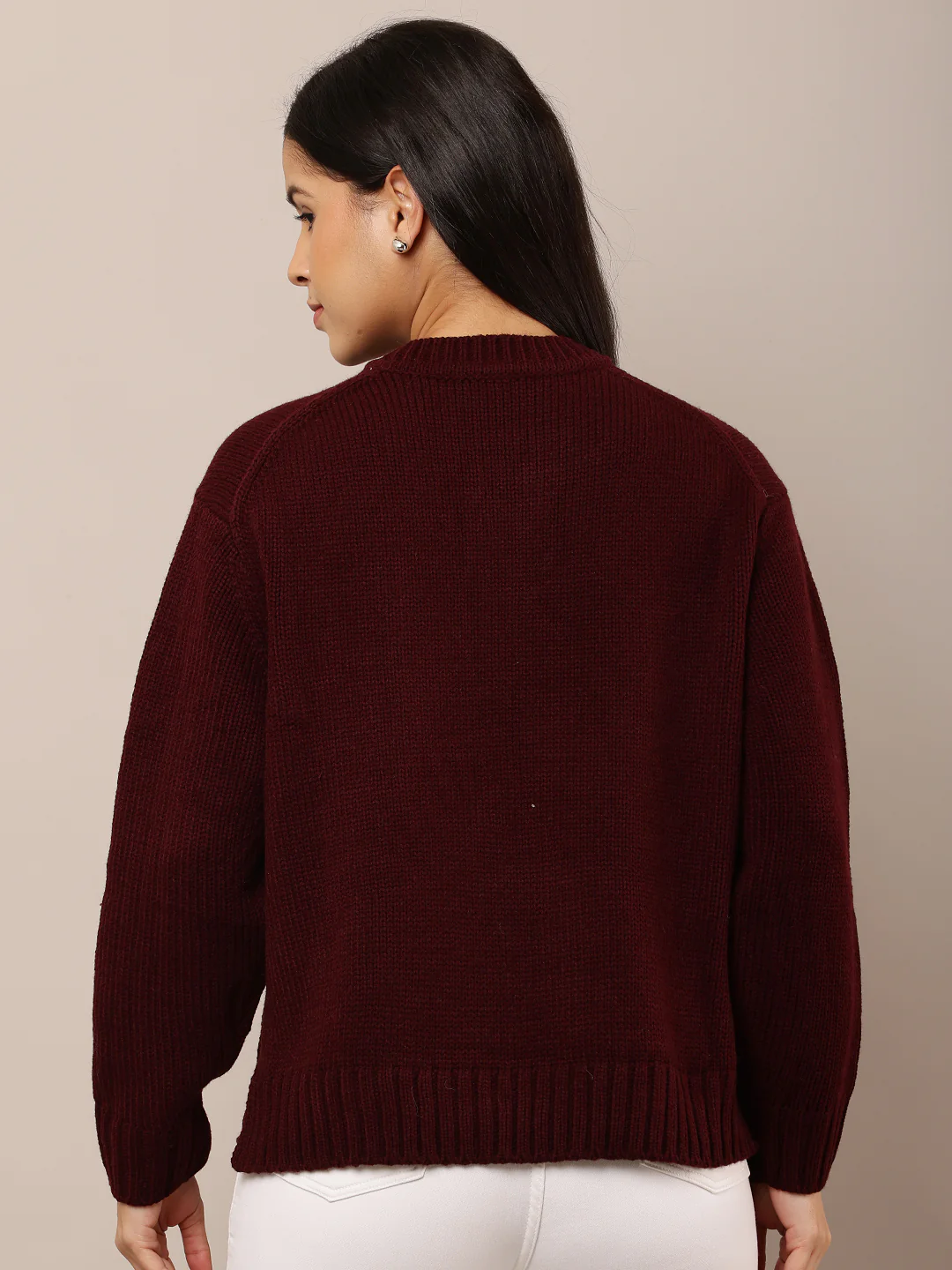 Women Maroon Loose Round Neck Sweater - Image 4