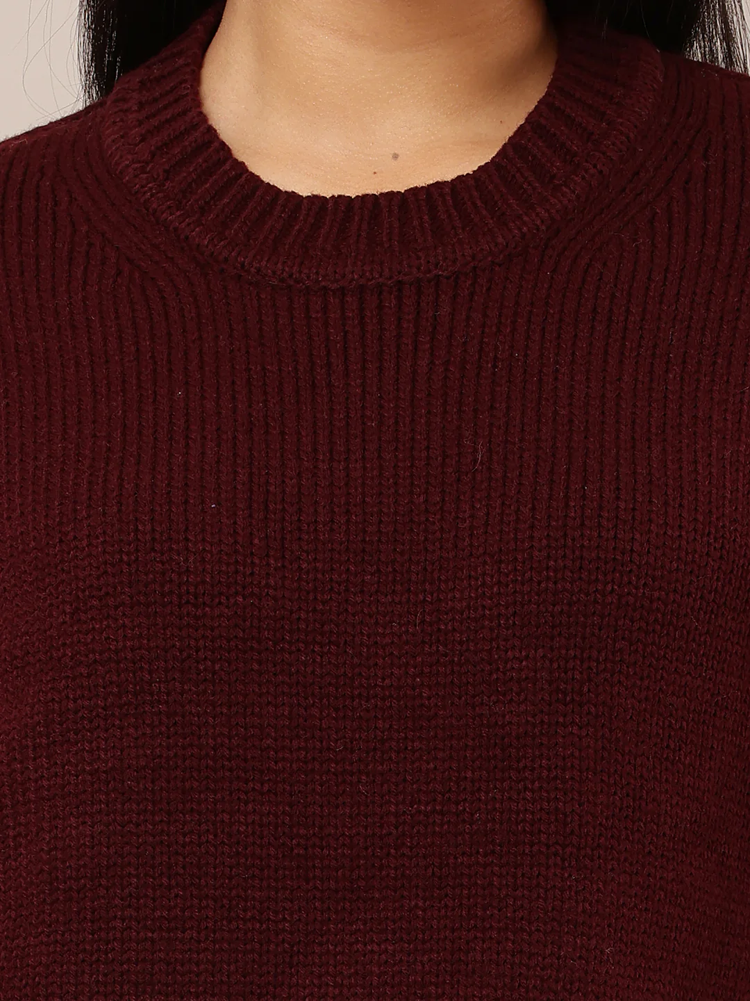 Women Maroon Loose Round Neck Sweater - Image 5