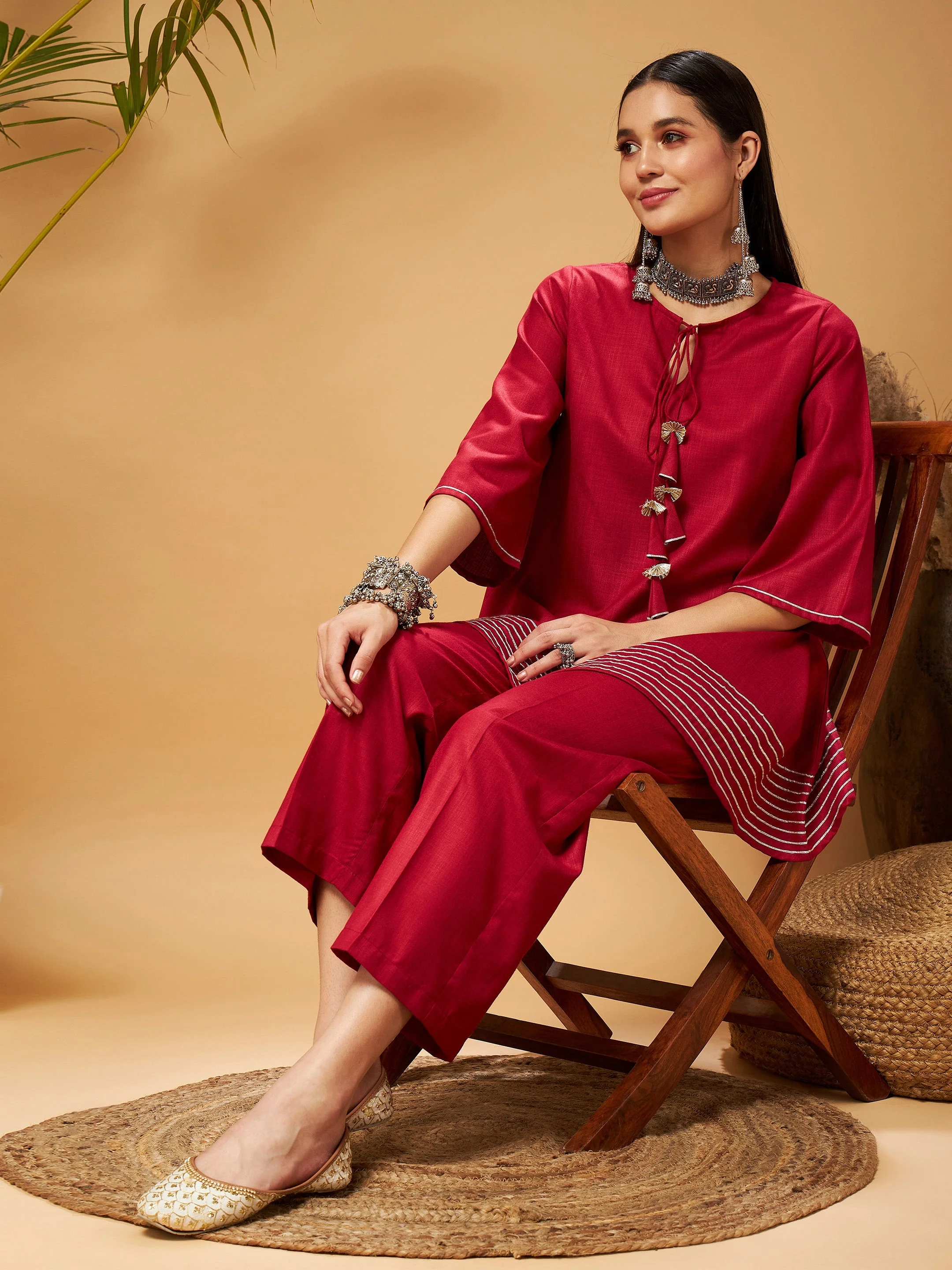 Women Maroon Peplum Gota Lace Top With Palazzos - Image 2