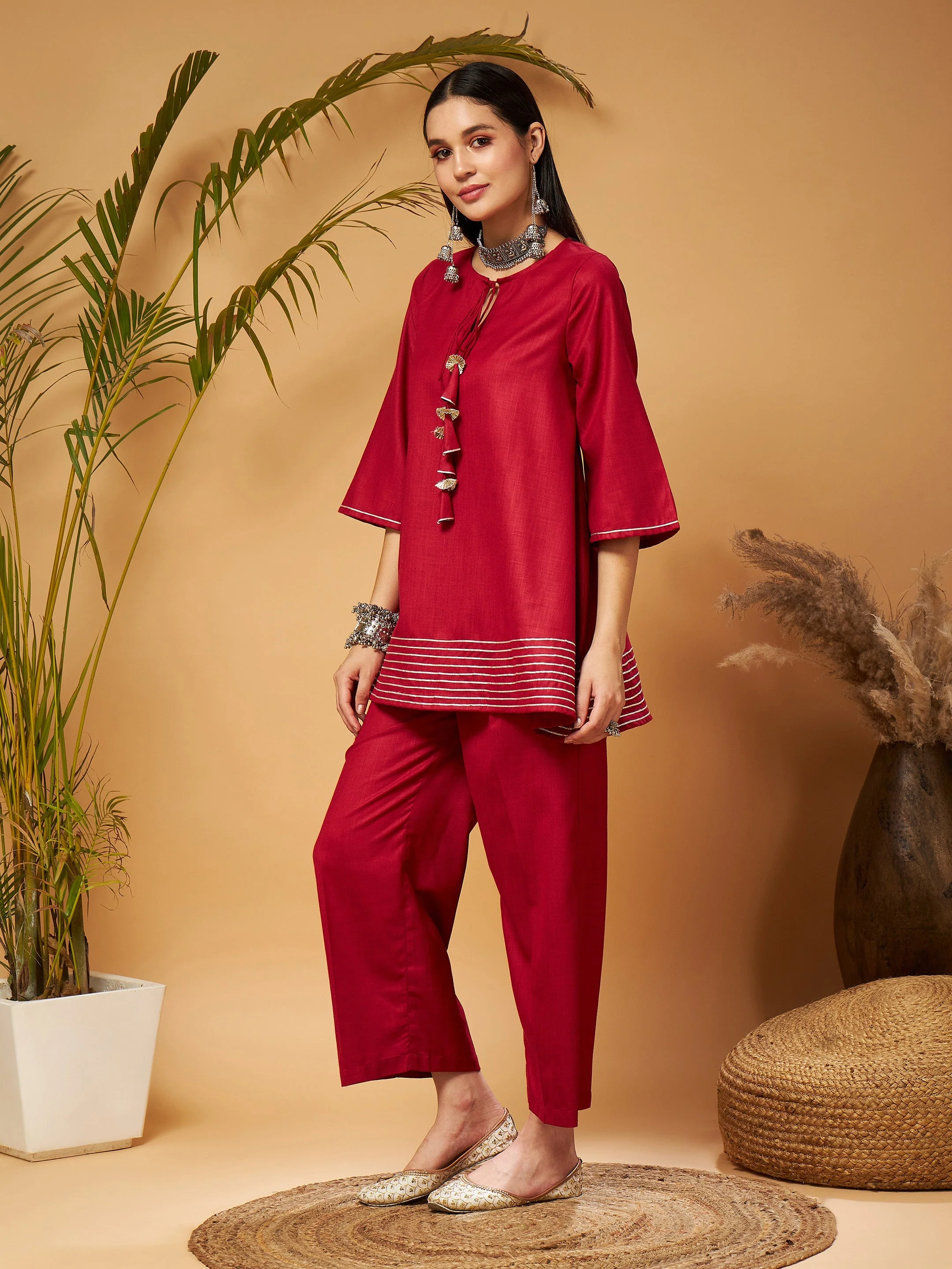 Women Maroon Peplum Gota Lace Top With Palazzos - Image 3