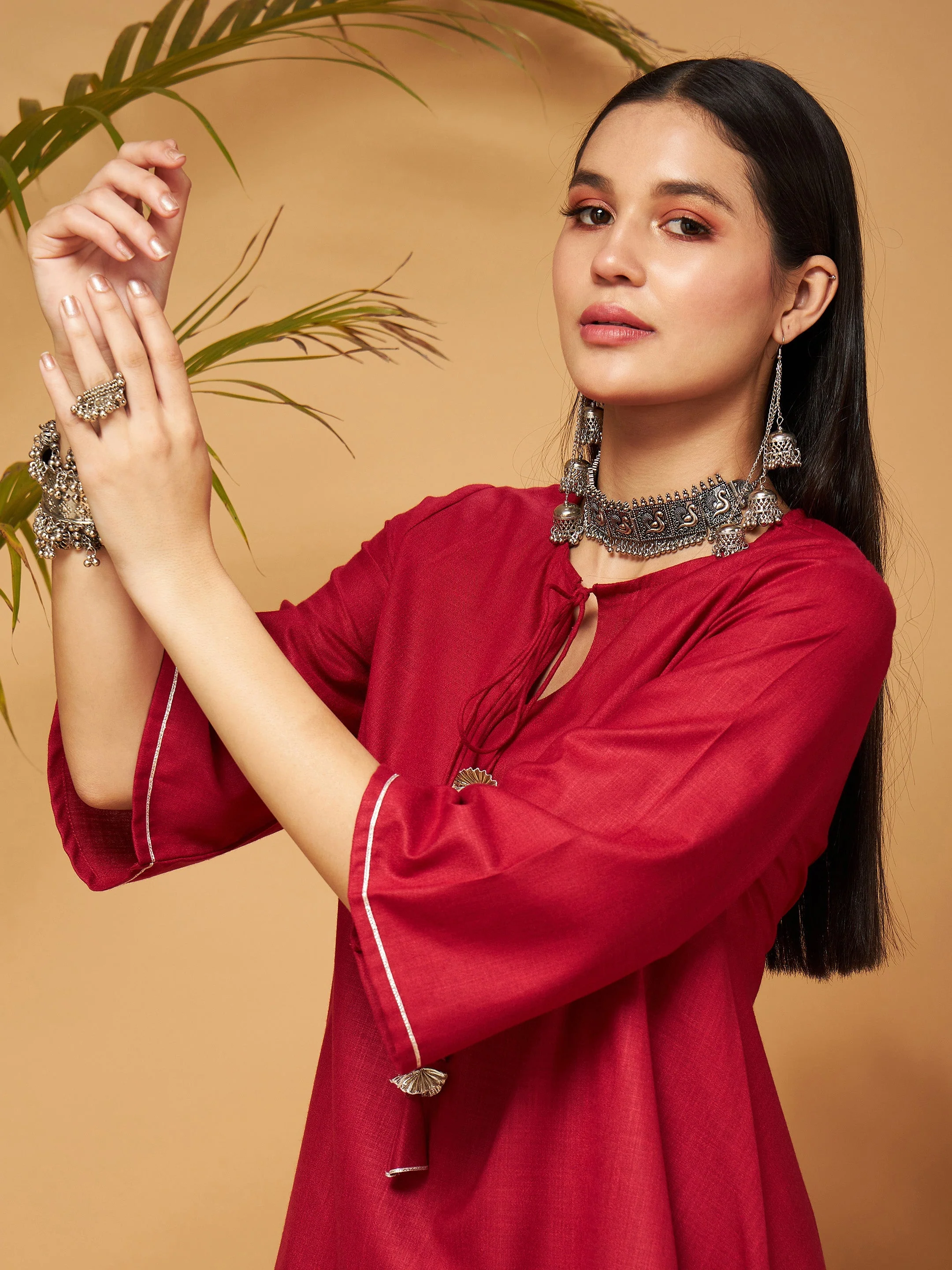 Women Maroon Peplum Gota Lace Top With Palazzos - Image 4