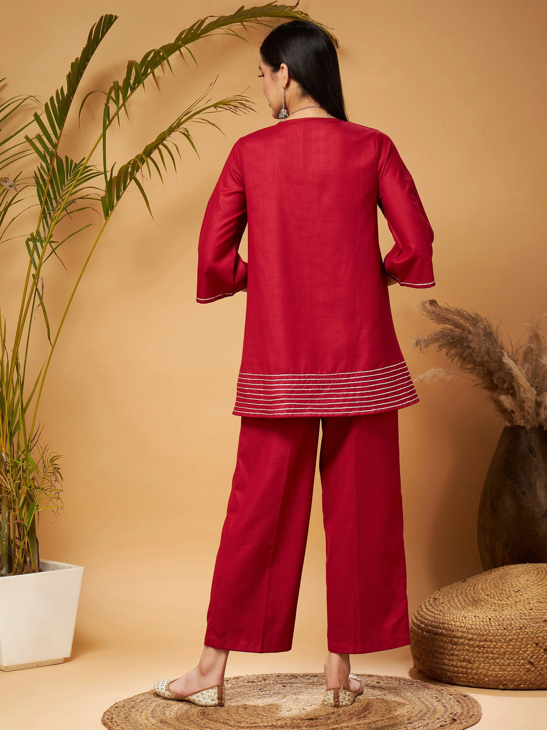 Women Maroon Peplum Gota Lace Top With Palazzos - Image 6