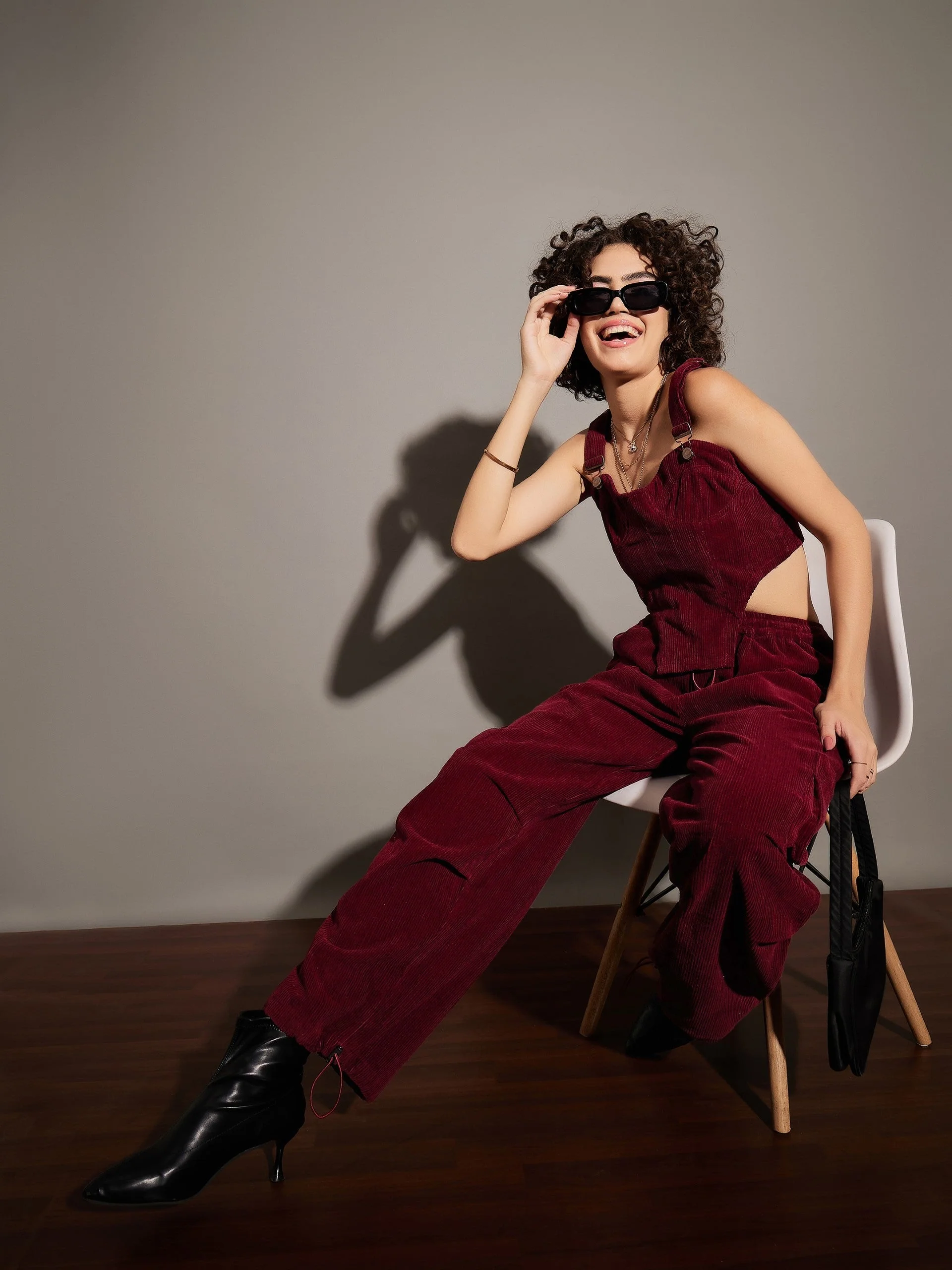Women Maroon Pleated Knee Corduroy Cargo Pants - Image 2