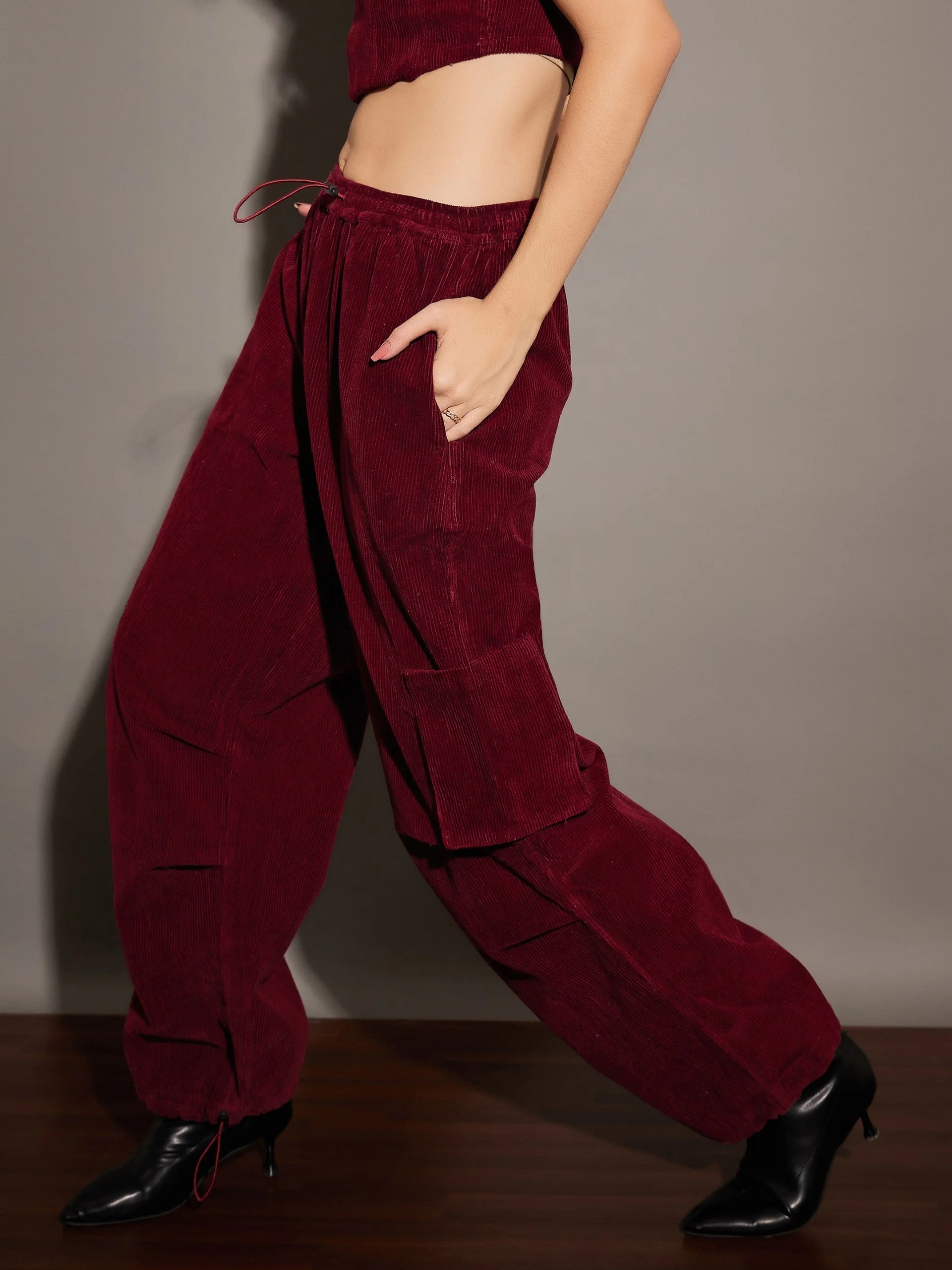 Women Maroon Pleated Knee Corduroy Cargo Pants - Image 3