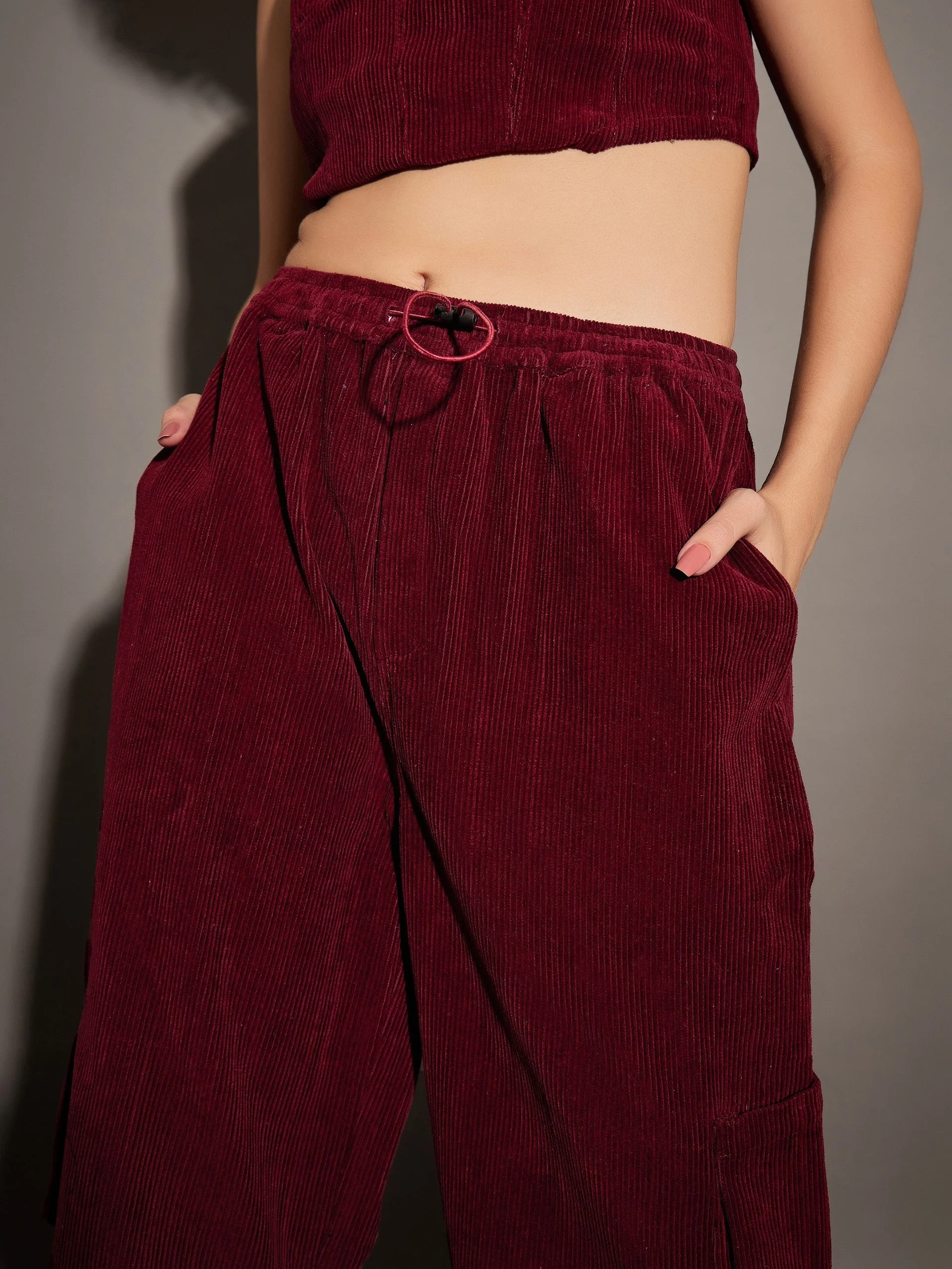 Women Maroon Pleated Knee Corduroy Cargo Pants - Image 4