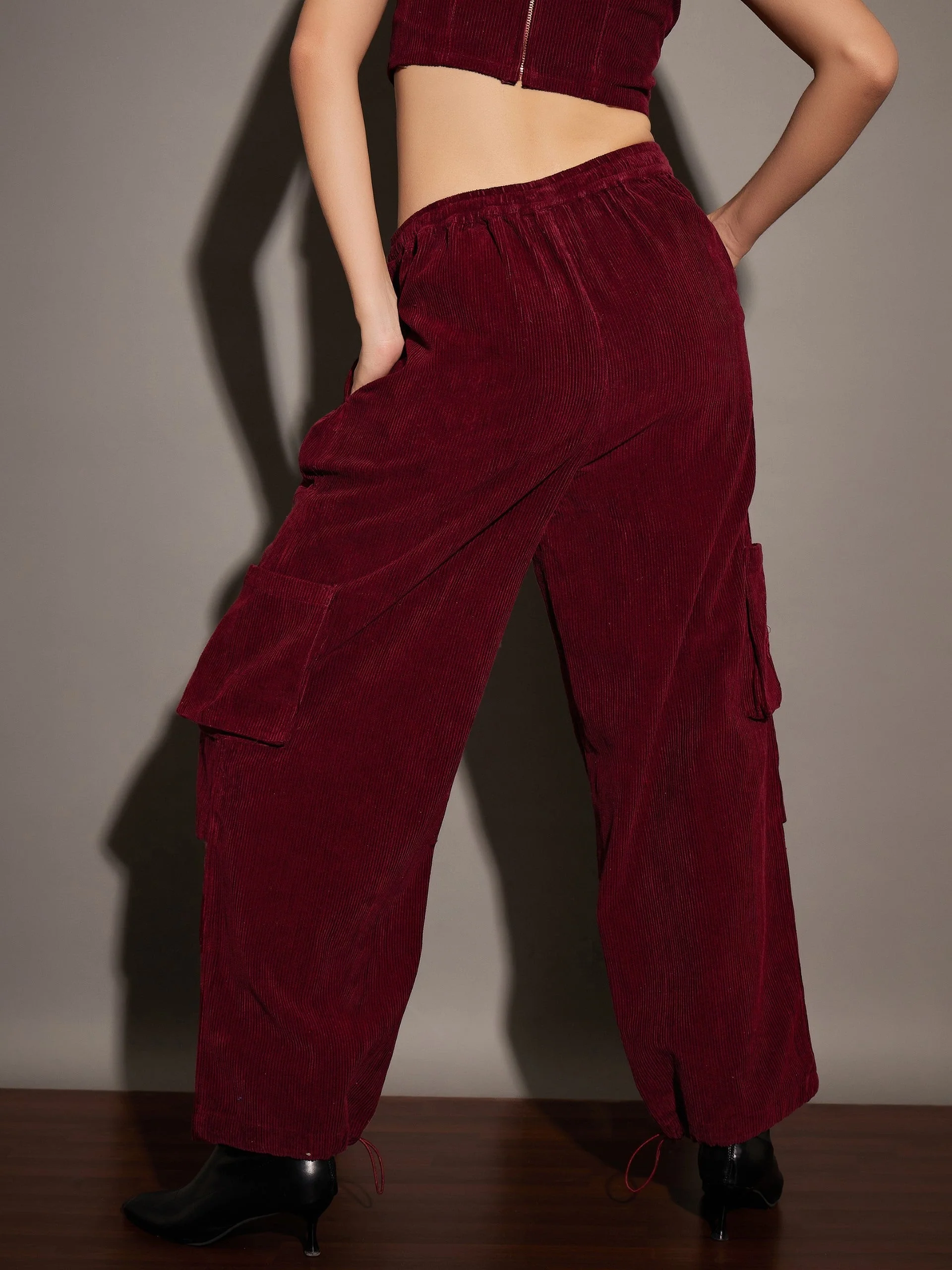 Women Maroon Pleated Knee Corduroy Cargo Pants - Image 5