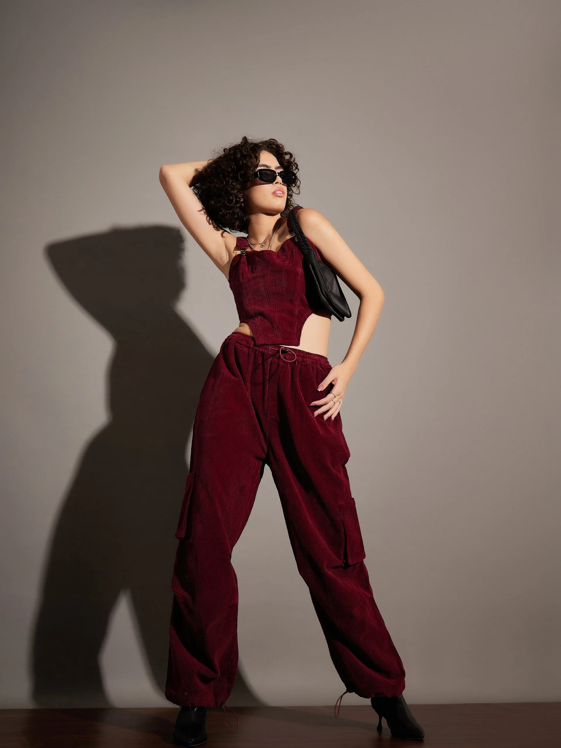 Women Maroon Pleated Knee Corduroy Cargo Pants - Image 6