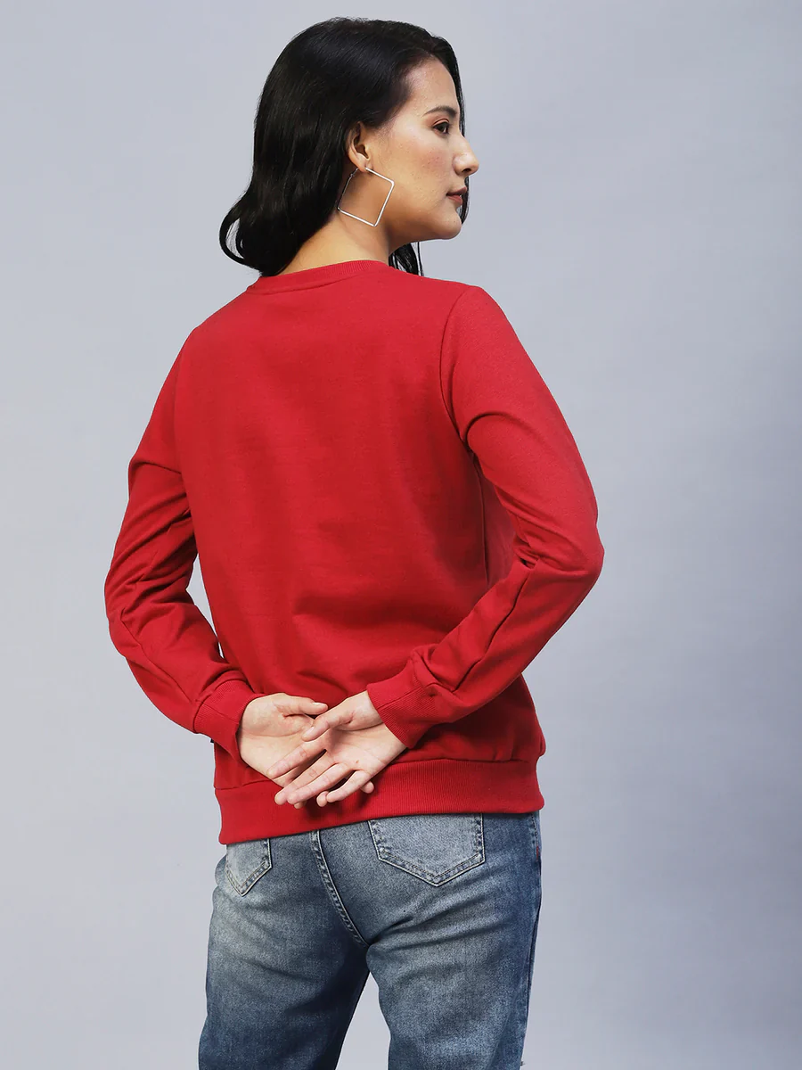 Women Maroon Printed Fleece Sweatshirt - Image 2