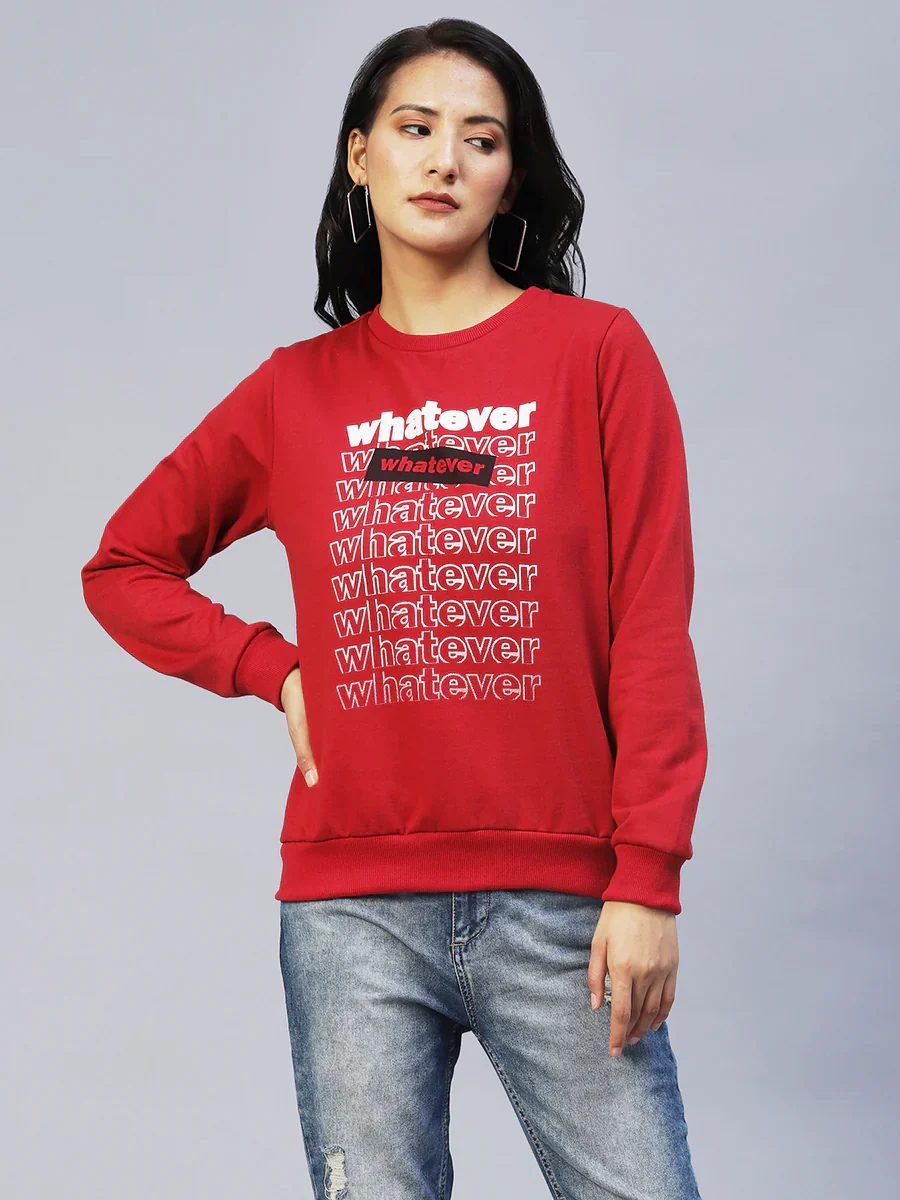 Women Maroon Printed Fleece Sweatshirt - Image 3