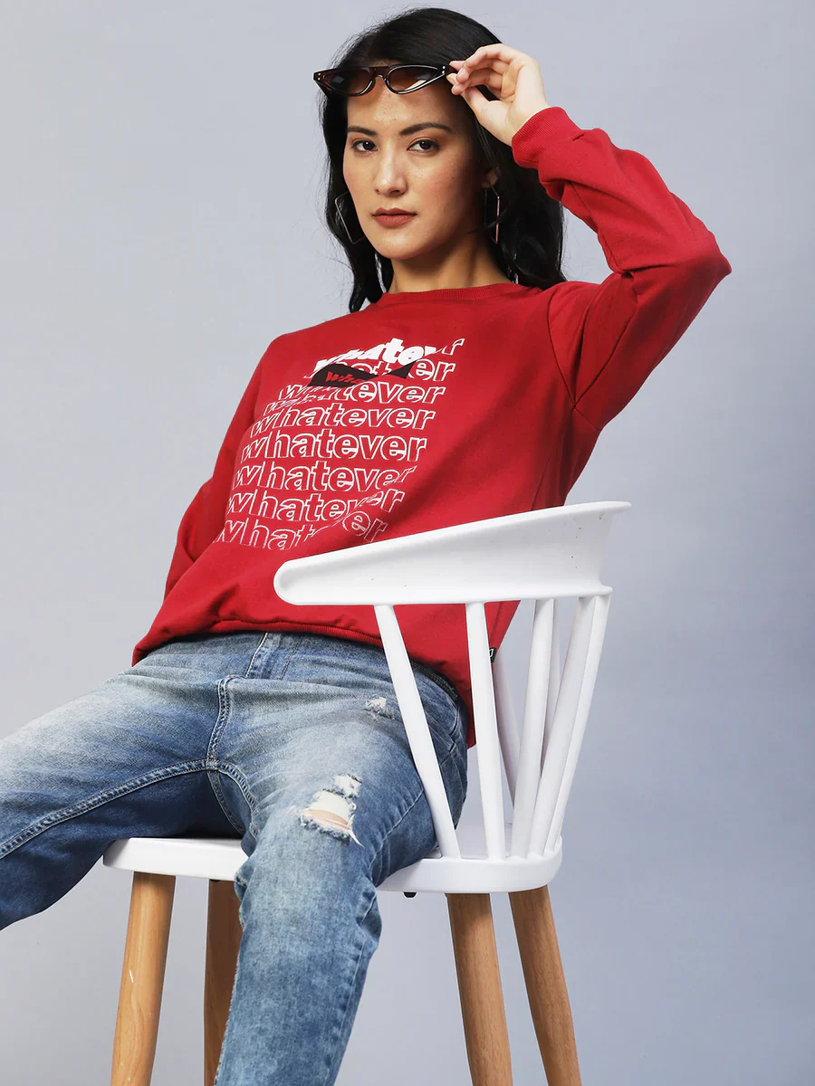 Women Maroon Printed Fleece Sweatshirt - Image 4