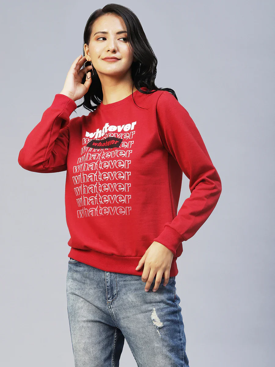 Women Maroon Printed Fleece Sweatshirt - Image 5