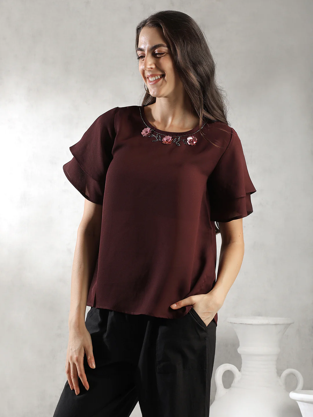 Women Maroon Regular Fit Tops - Image 3