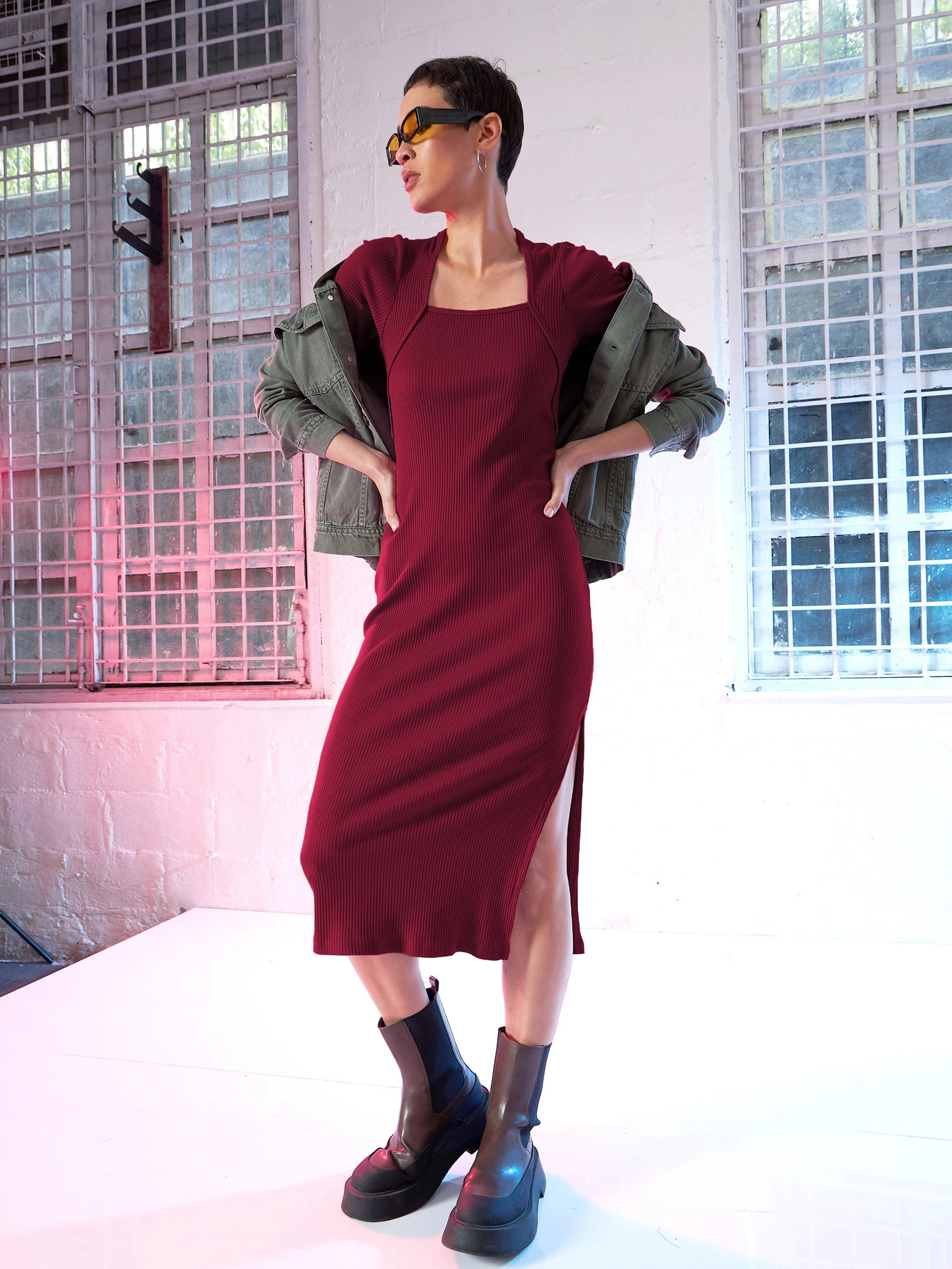 Women Maroon Rib Side Slit Full Sleeves Bodycon Dress - Image 2