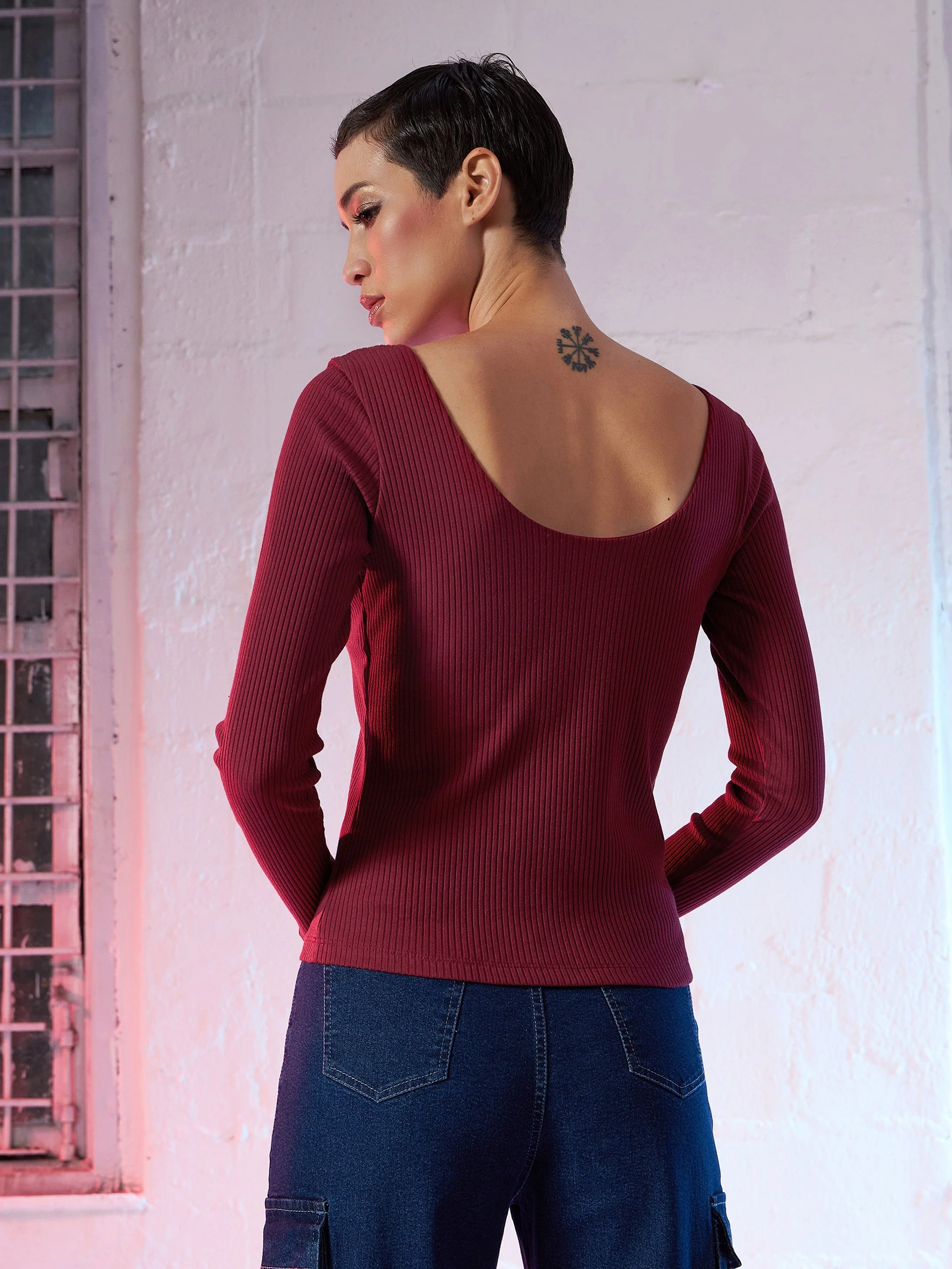 Women Maroon  Rib Top - Image 2