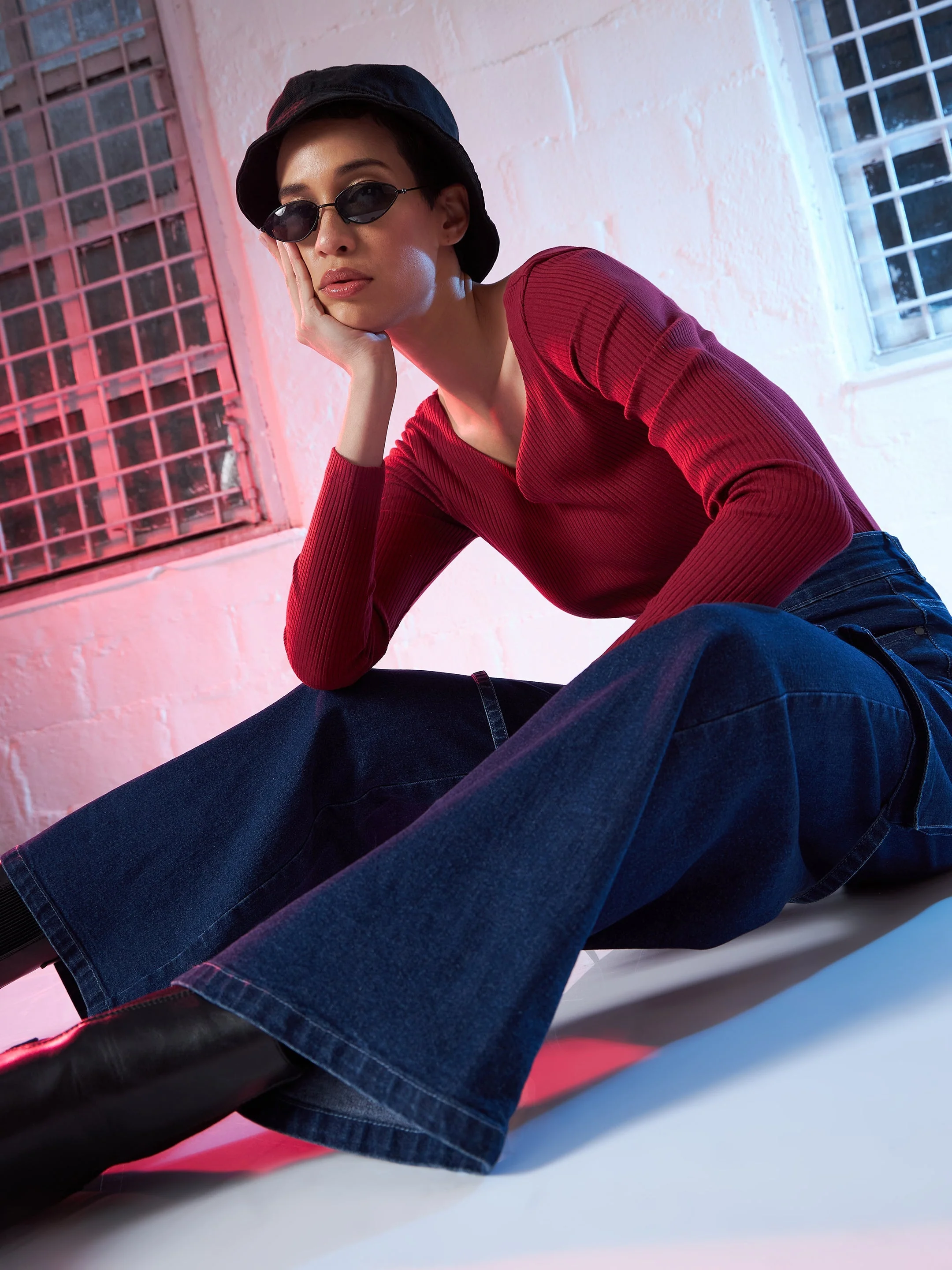 Women Maroon  Rib Top - Image 4