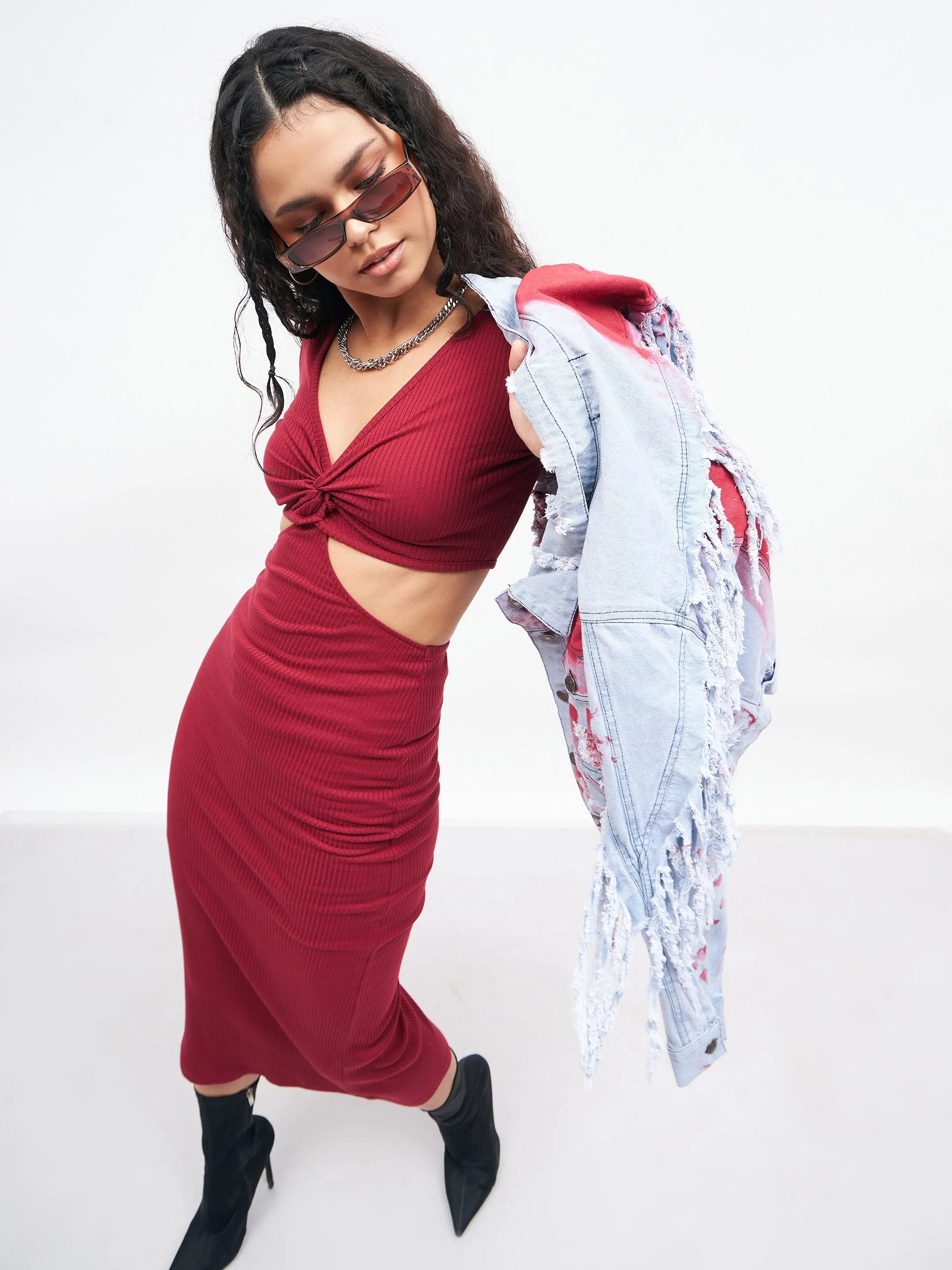 Women Maroon Rib Waist Cut Out Maxi Dress - Image 2