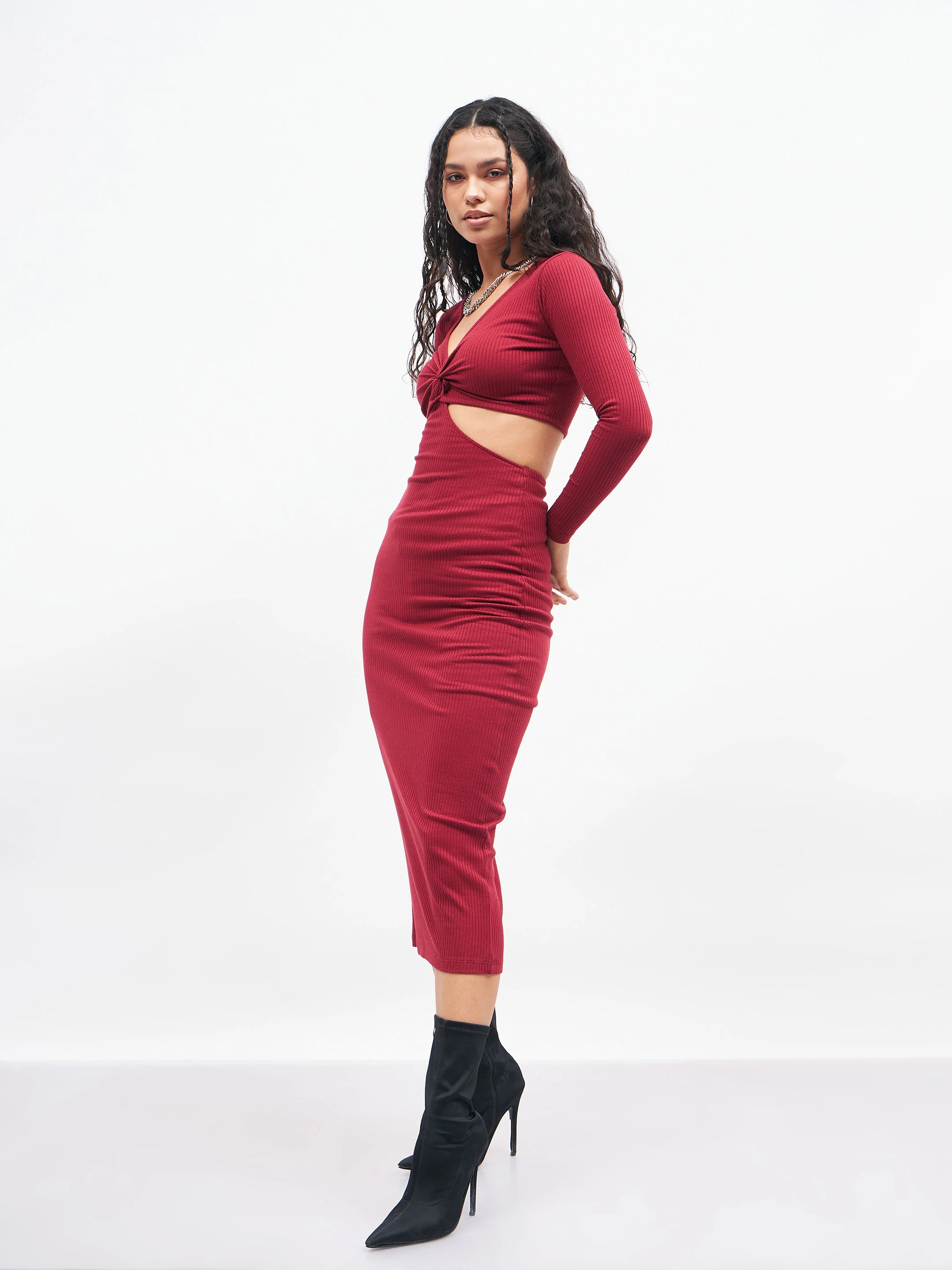 Women Maroon Rib Waist Cut Out Maxi Dress - Image 3