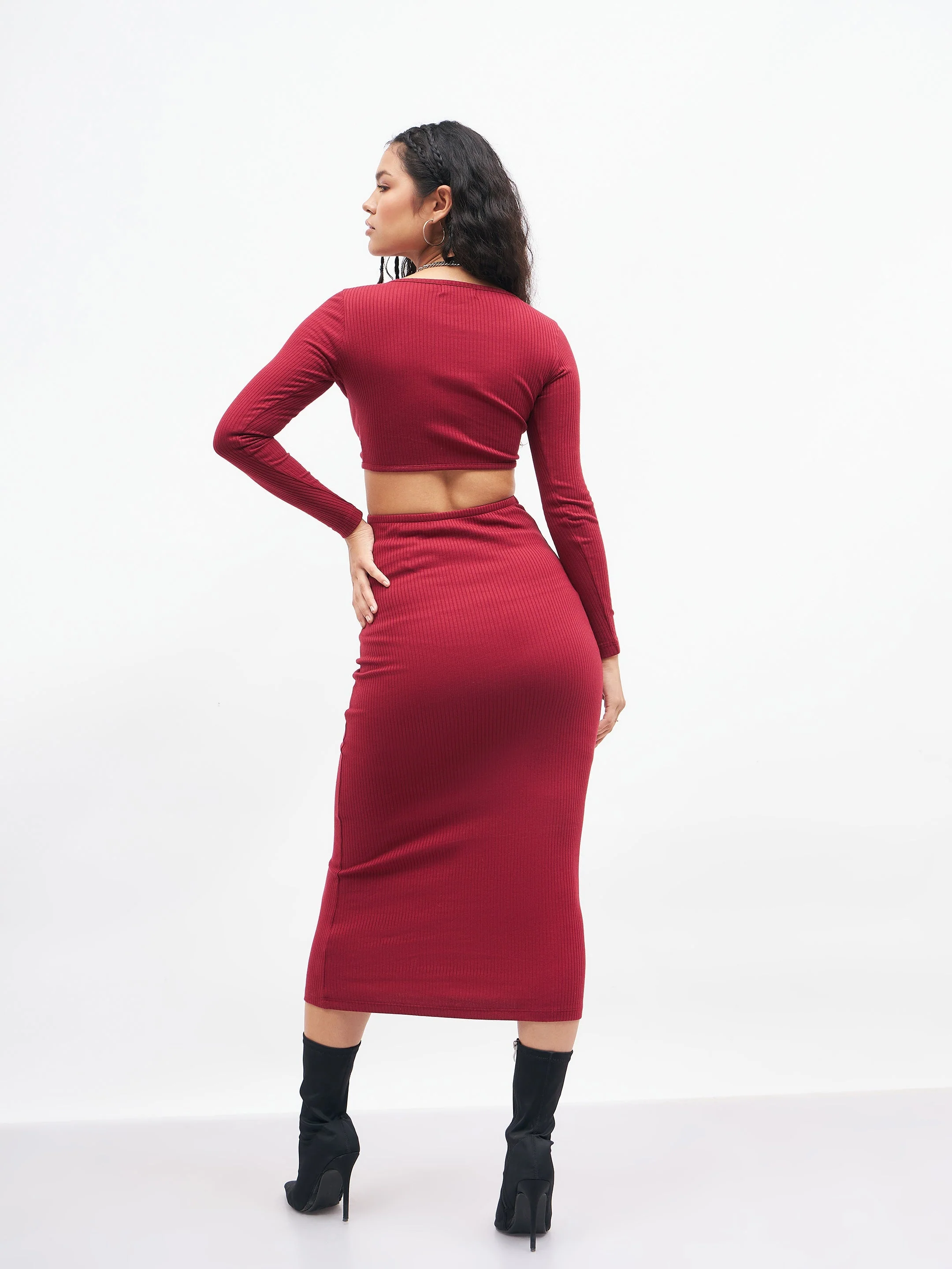 Women Maroon Rib Waist Cut Out Maxi Dress - Image 5