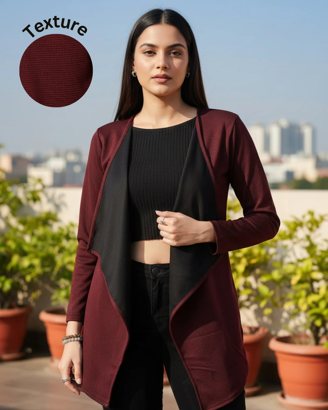 Women Maroon Ruffle Waffle Shrug