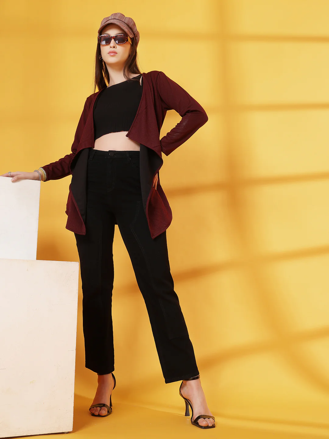 Women Maroon Ruffle Waffle Shrug - Image 2